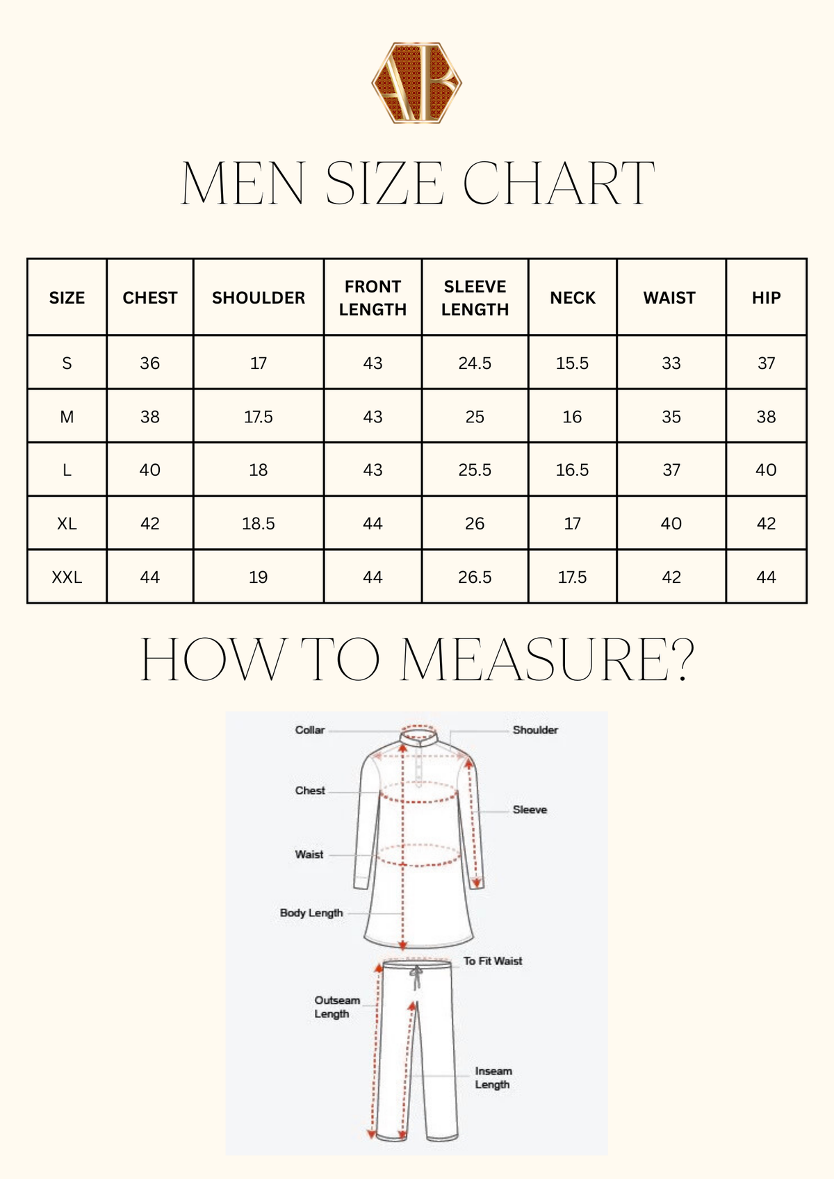 Size chart for Men