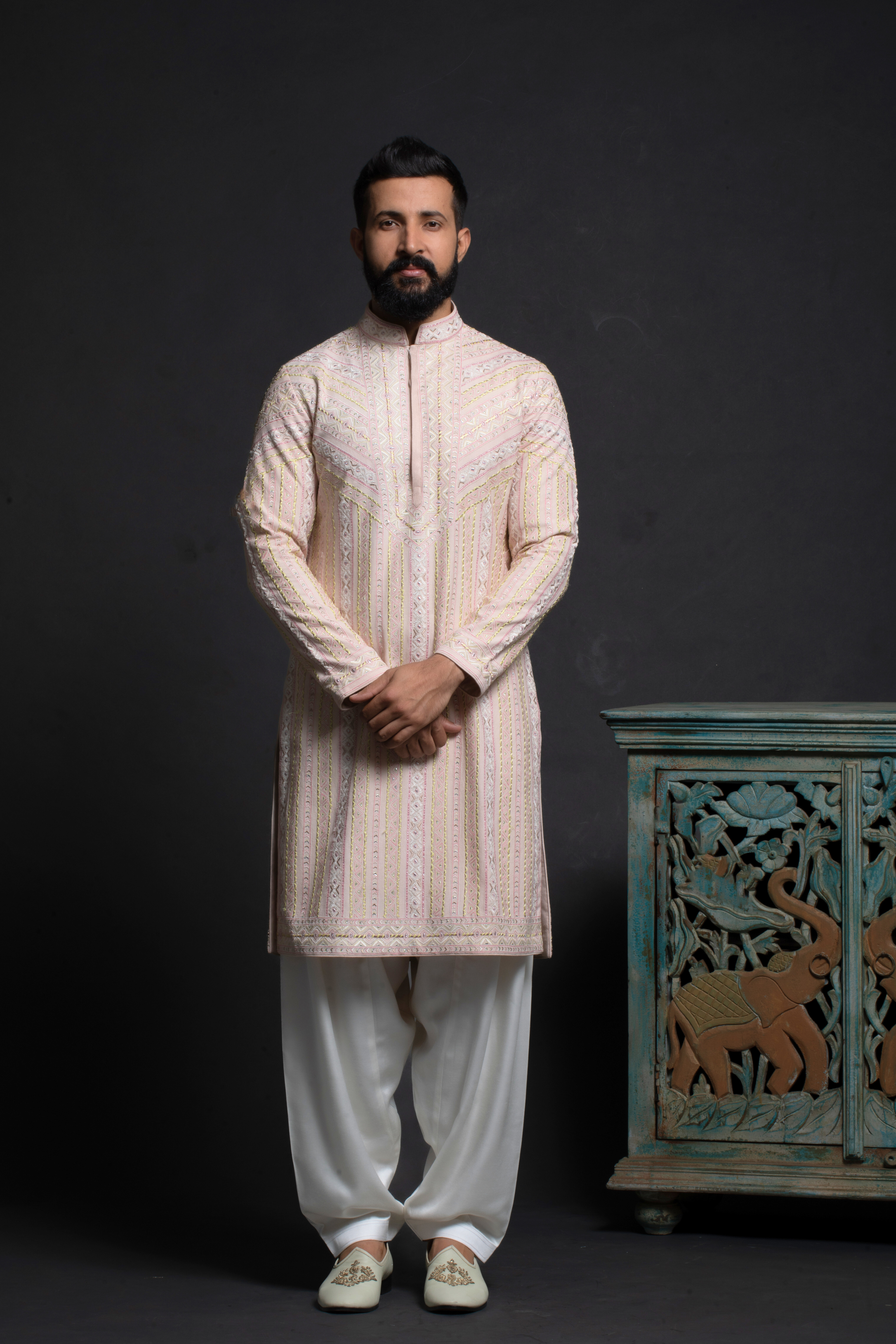 Pastel Ivory-Pink Linear Embroidered Kurta Set