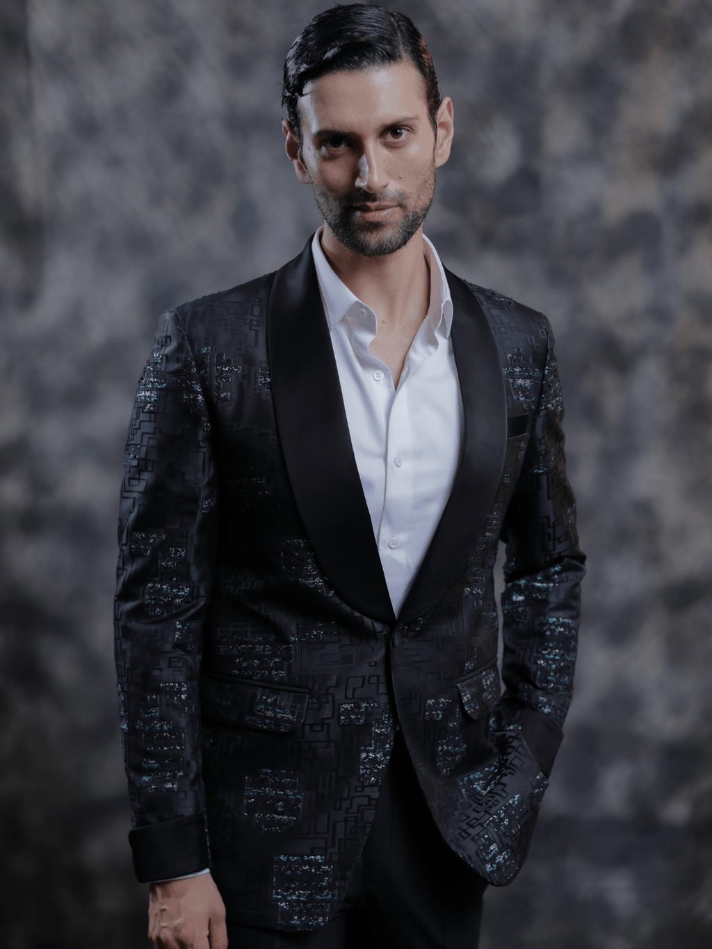 Black Satin Lapel Tuxedo - Achin Bindlish