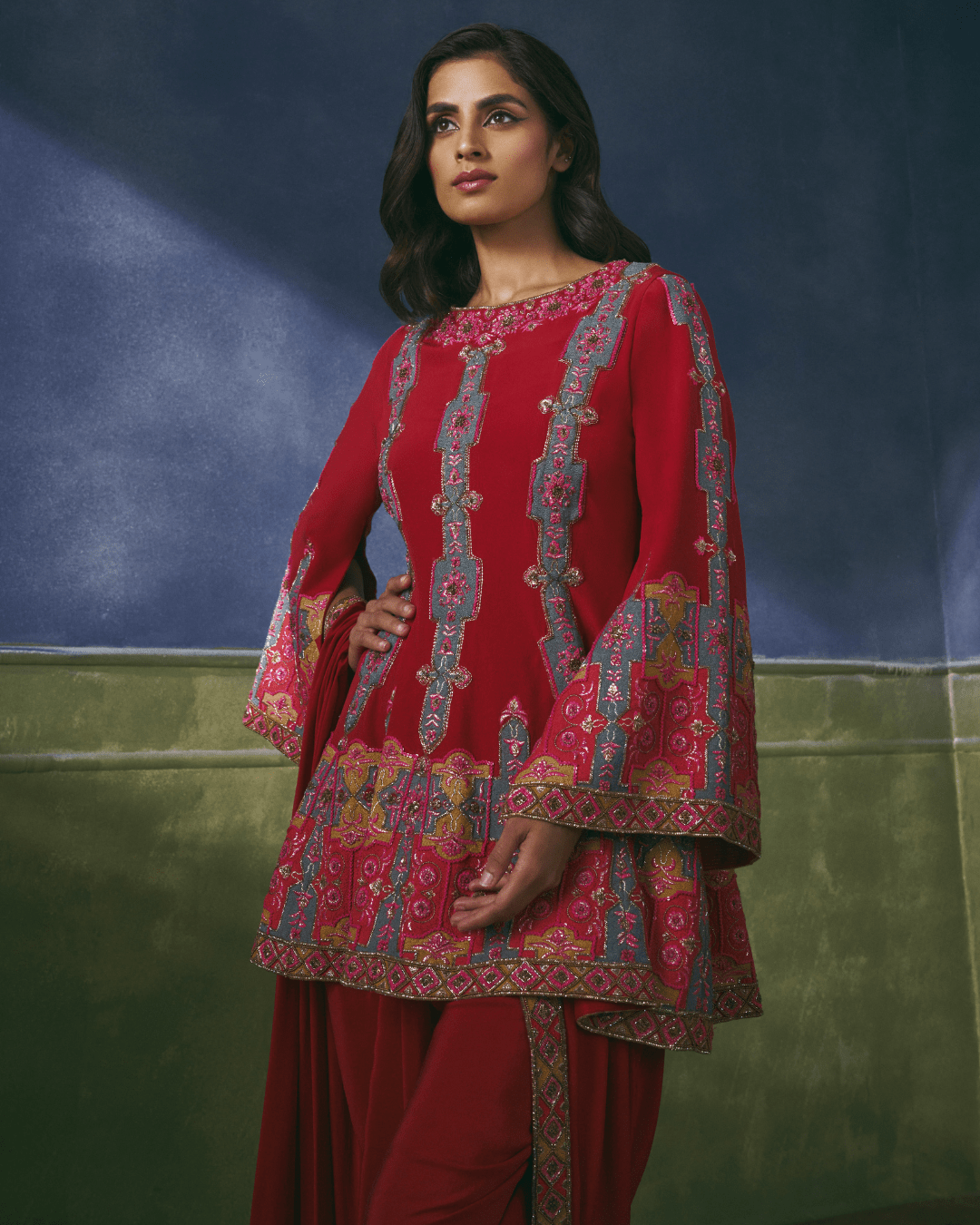 Scarlet Phulkari Peplum Set - Achin Bindlish