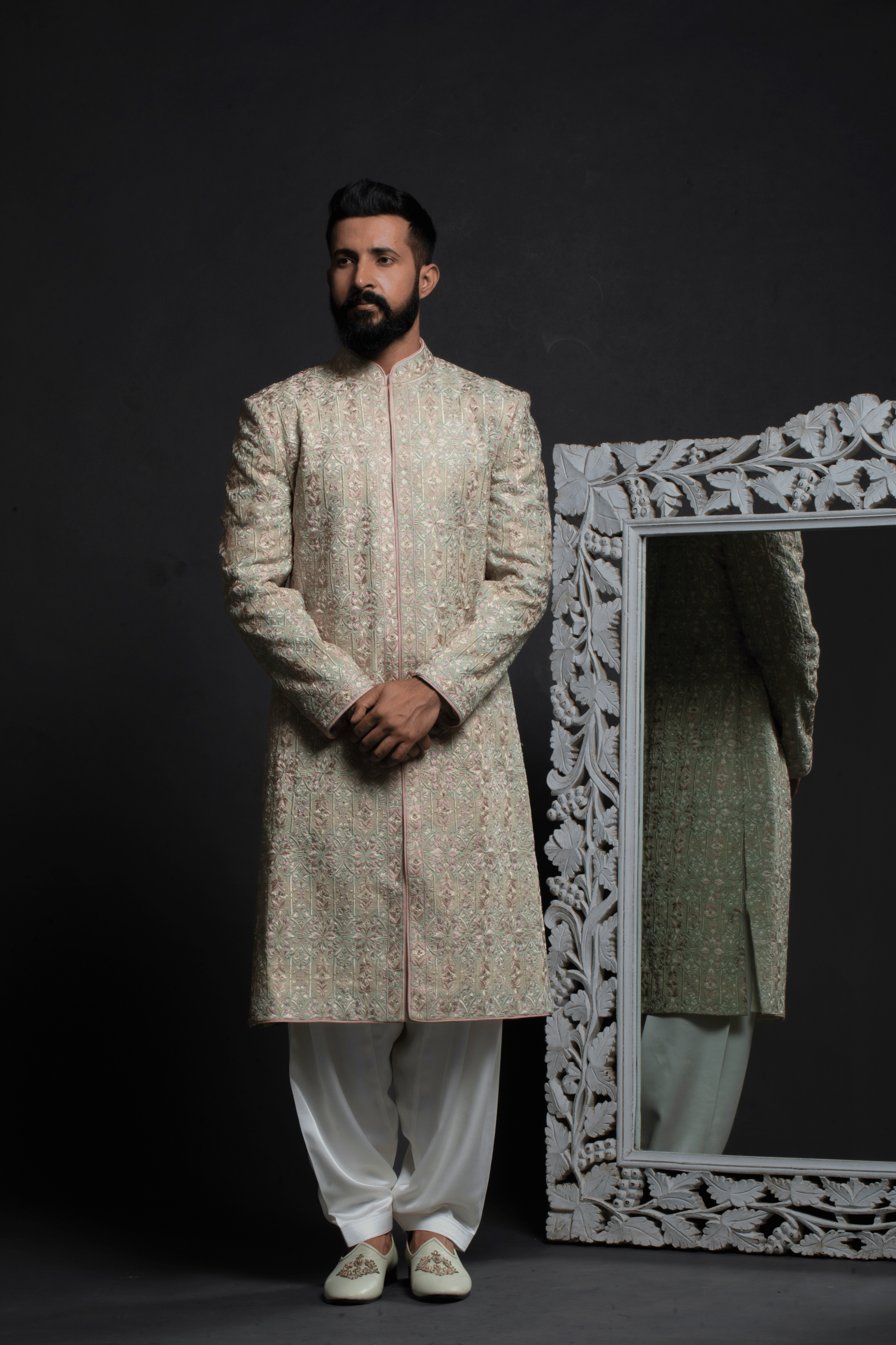Pastel Mint Green All-Over Embroidered Sherwani