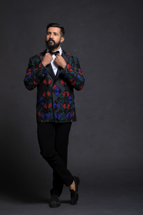 Black Multi-Color Beaded Tuxedo – Achin Bindlish – view 2