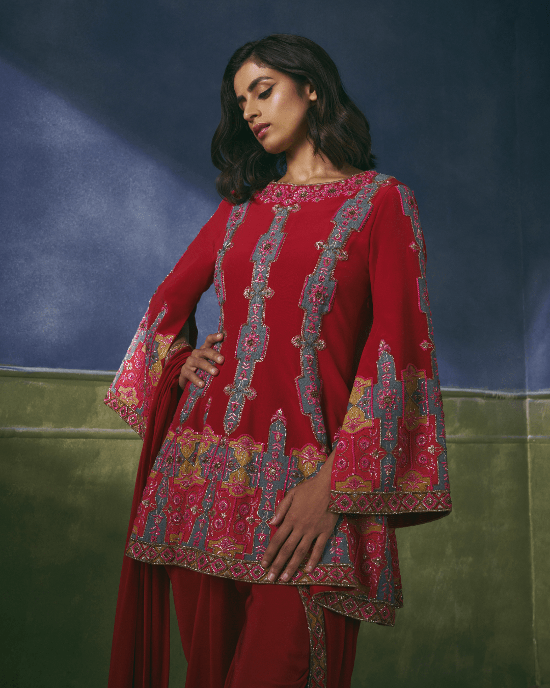 Scarlet Phulkari Peplum Set - Achin Bindlish
