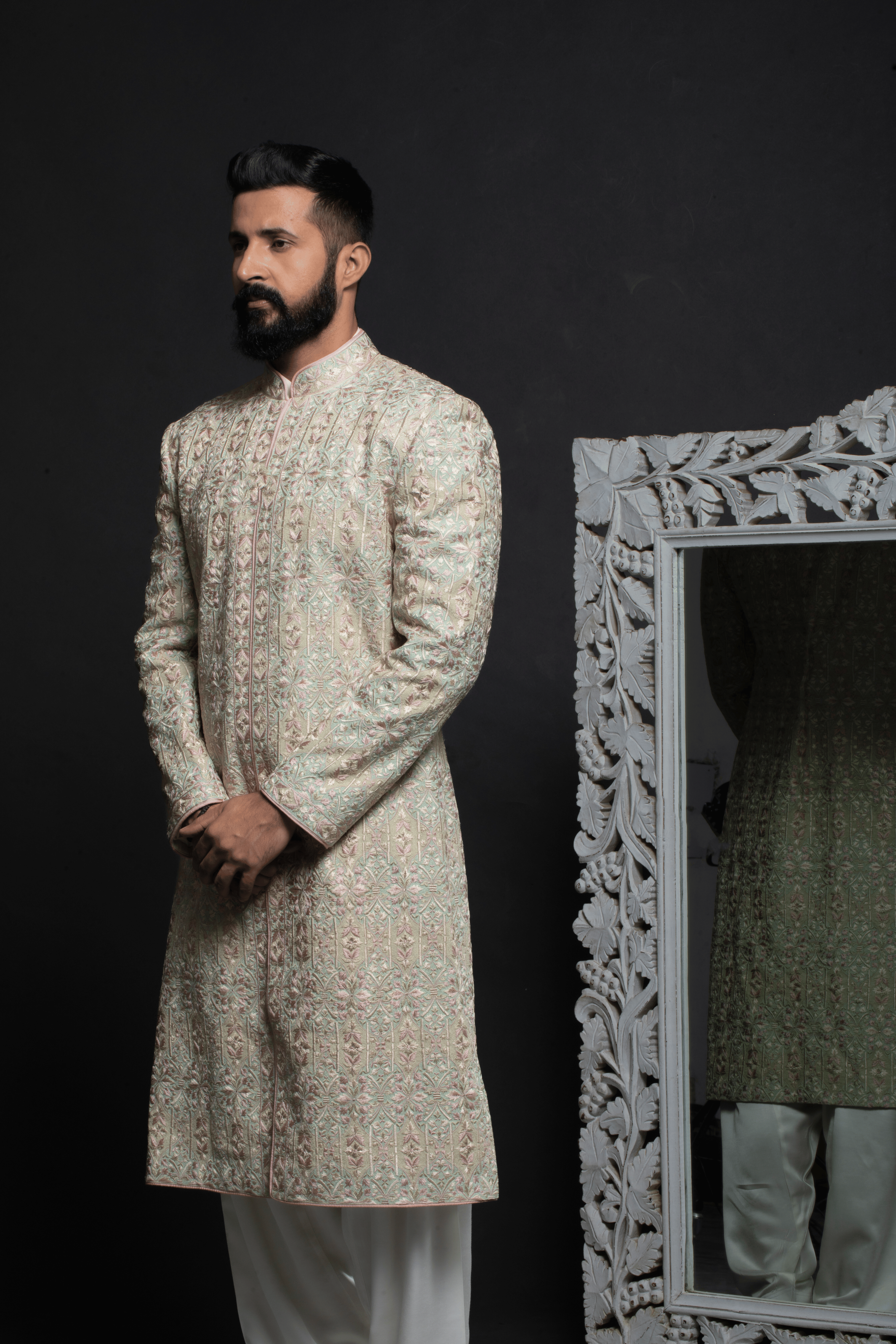 Pastel Mint Green All-Over Embroidered Sherwani