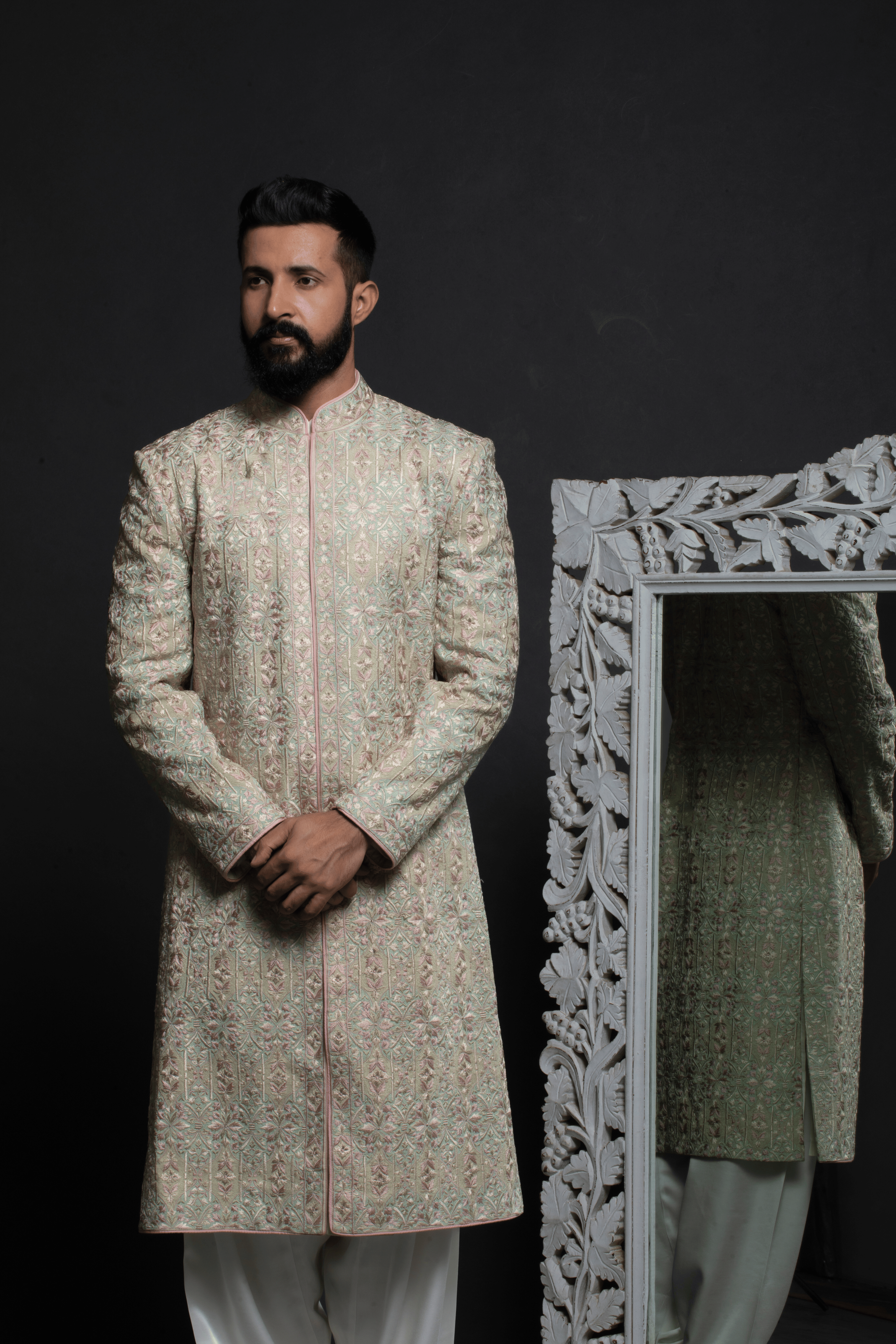 Pastel Mint Green All-Over Embroidered Sherwani