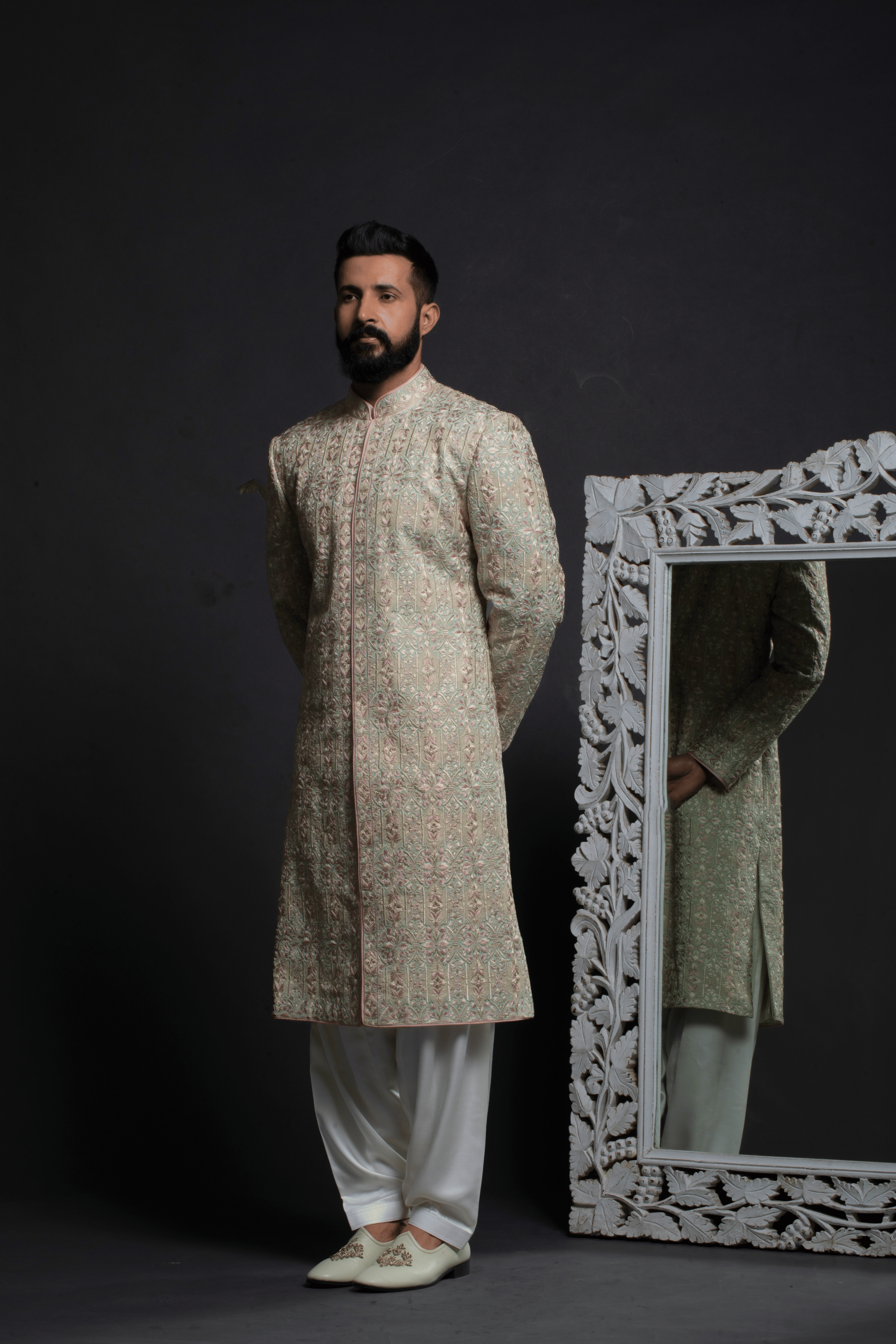 Pastel Mint Green All-Over Embroidered Sherwani