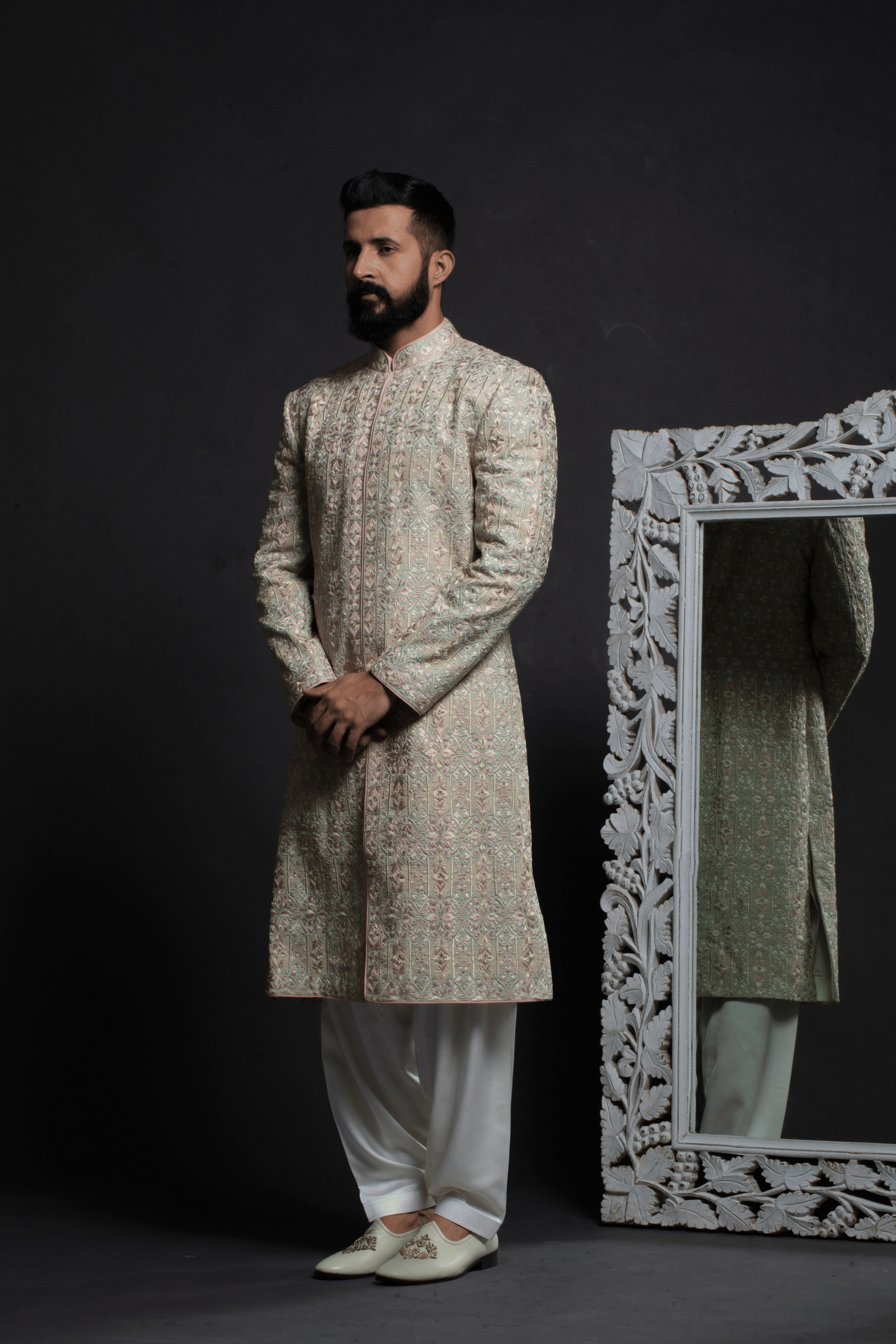 Pastel Mint Green All-Over Embroidered Sherwani