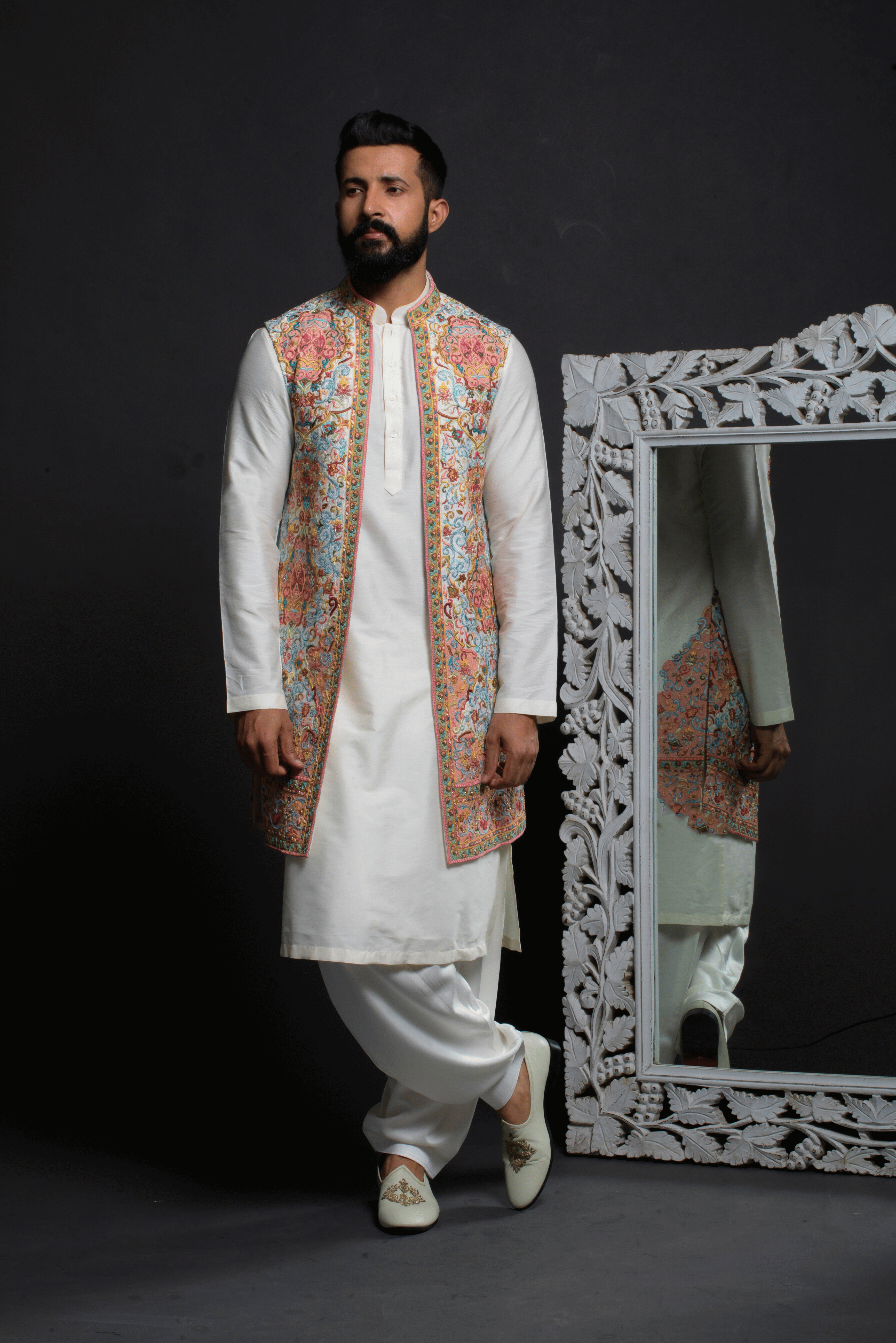 Vibrant Floral Embroidered Long JJ with Silk Kurta