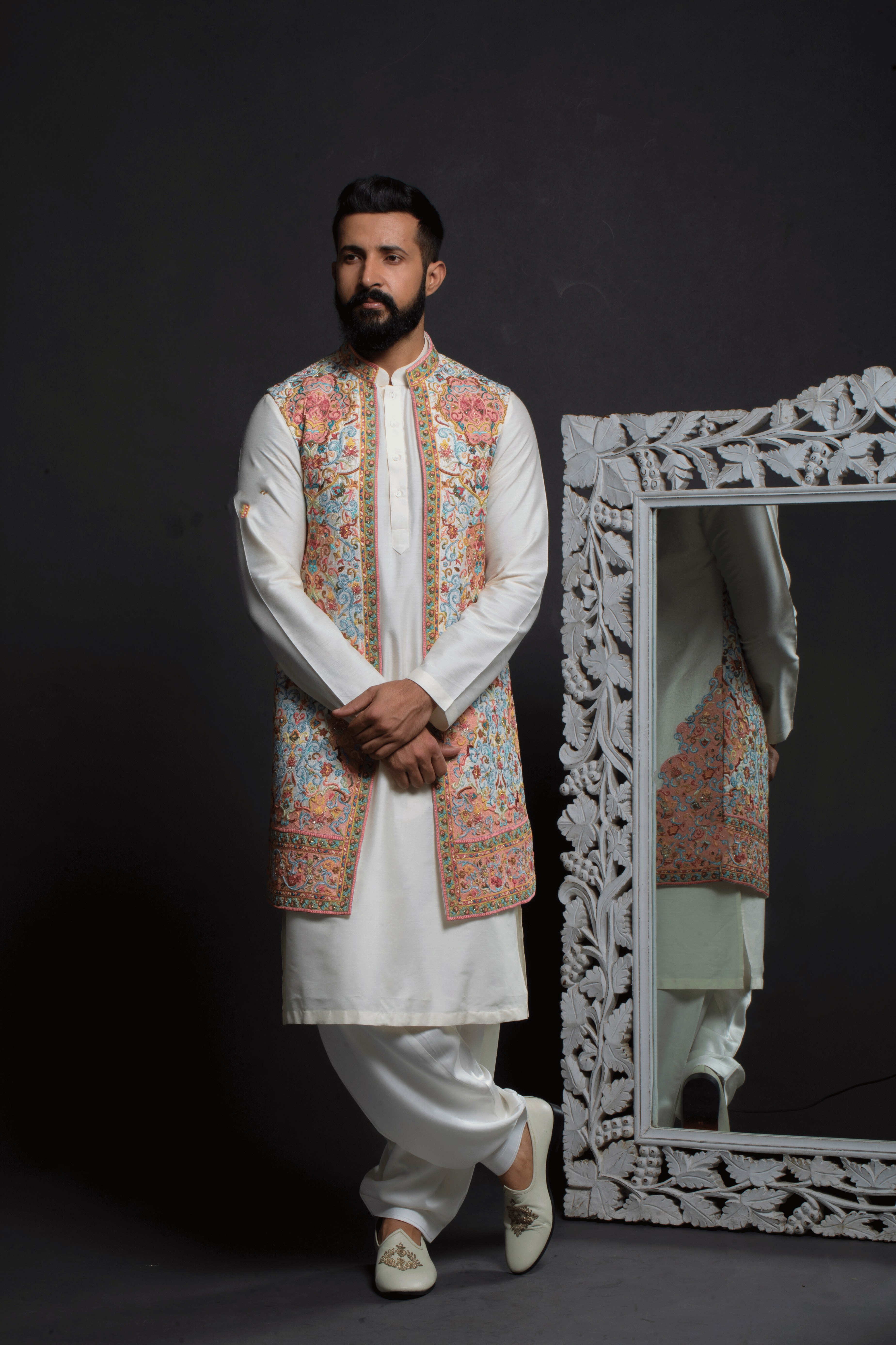 Vibrant Floral Embroidered Long JJ with Silk Kurta