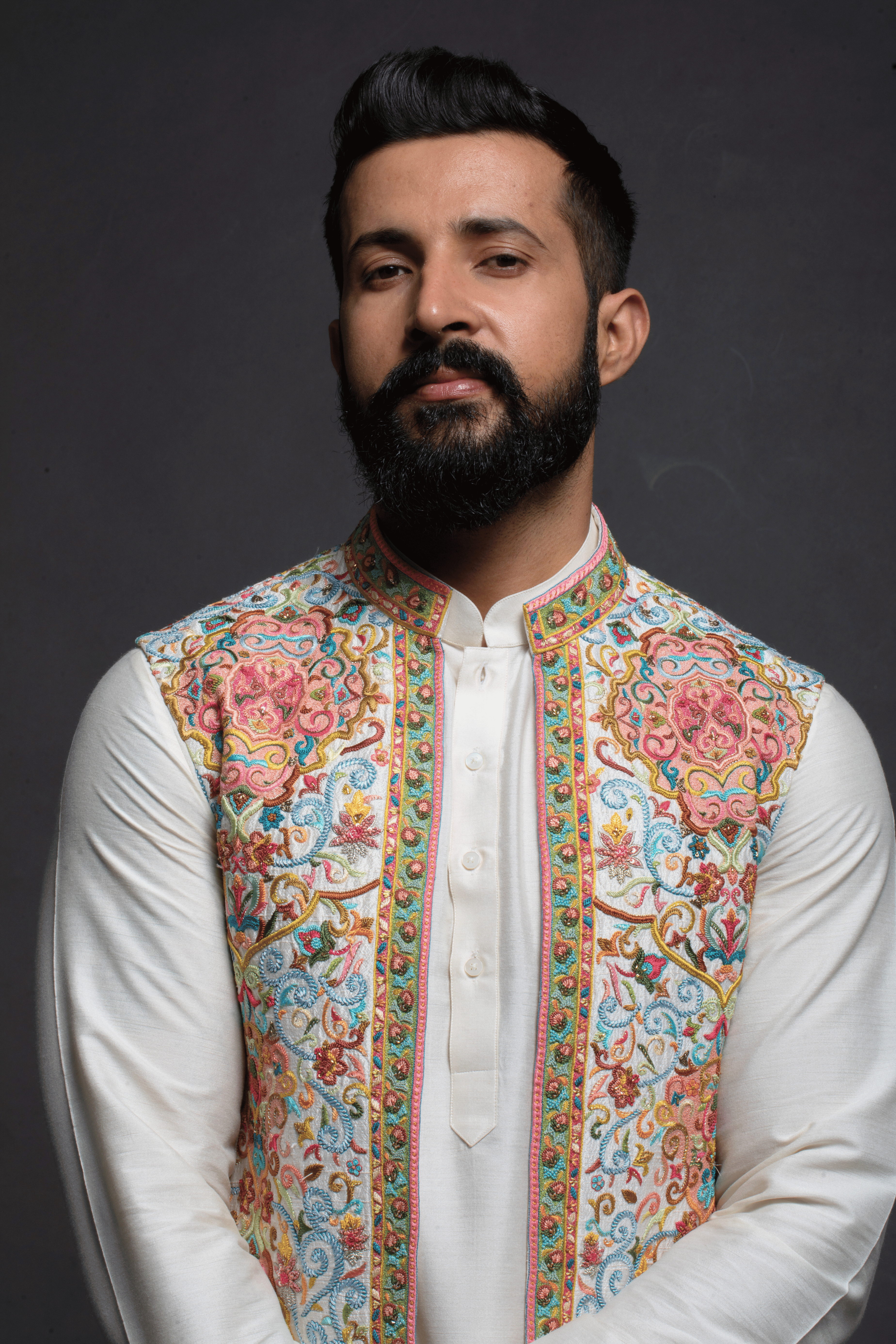 Vibrant Floral Embroidered Long JJ with Silk Kurta