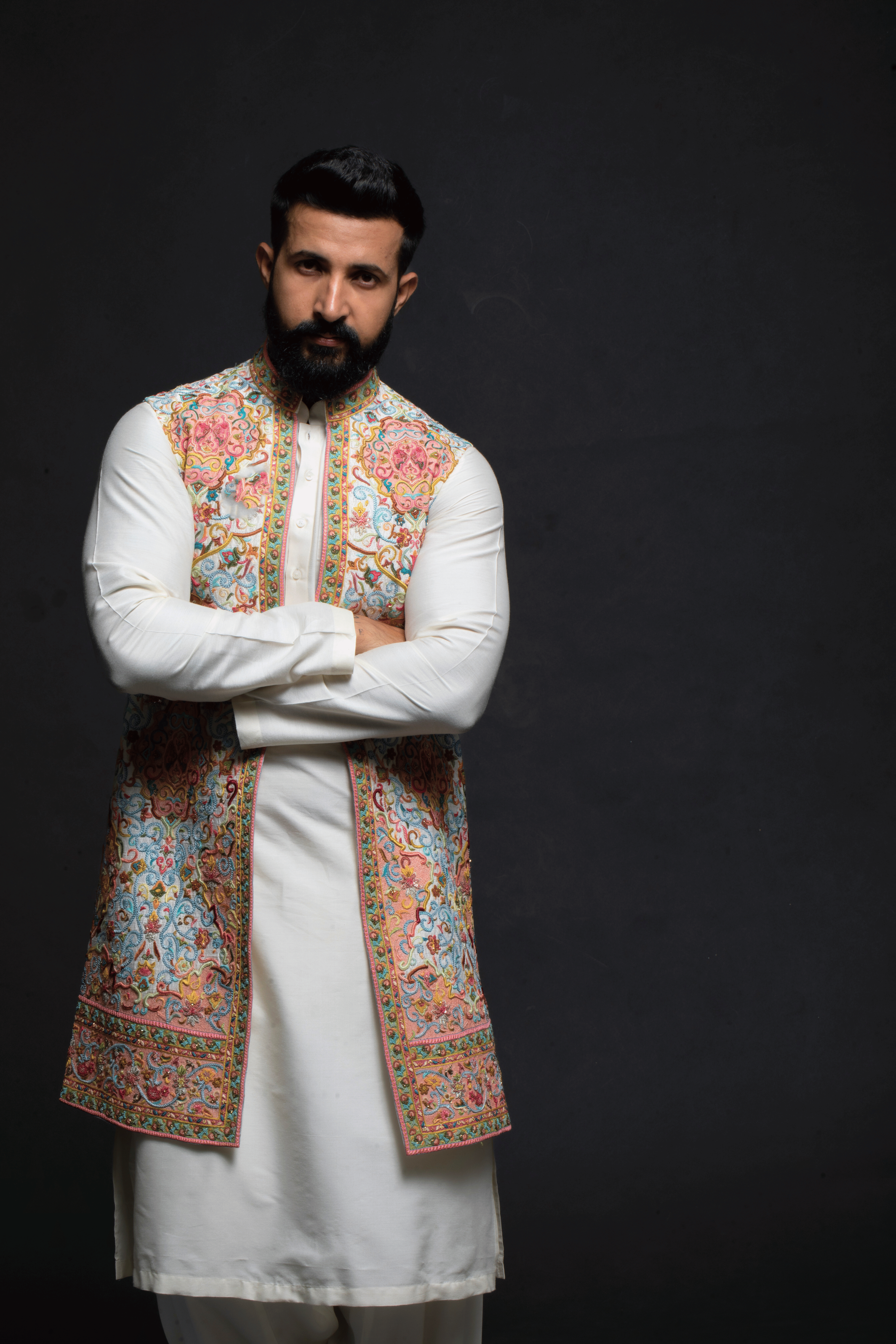 Vibrant Floral Embroidered Long JJ with Silk Kurta