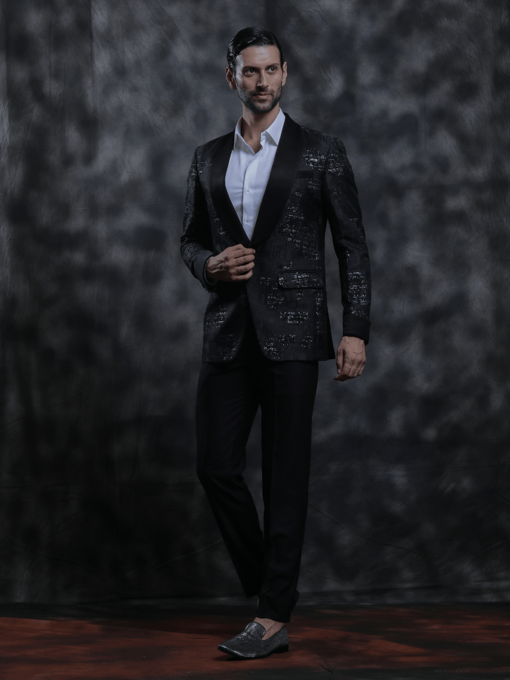 Black Satin Lapel Tuxedo - Achin Bindlish