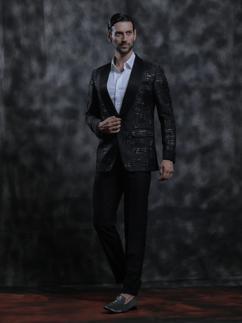 Black Satin Lapel Tuxedo - Achin Bindlish