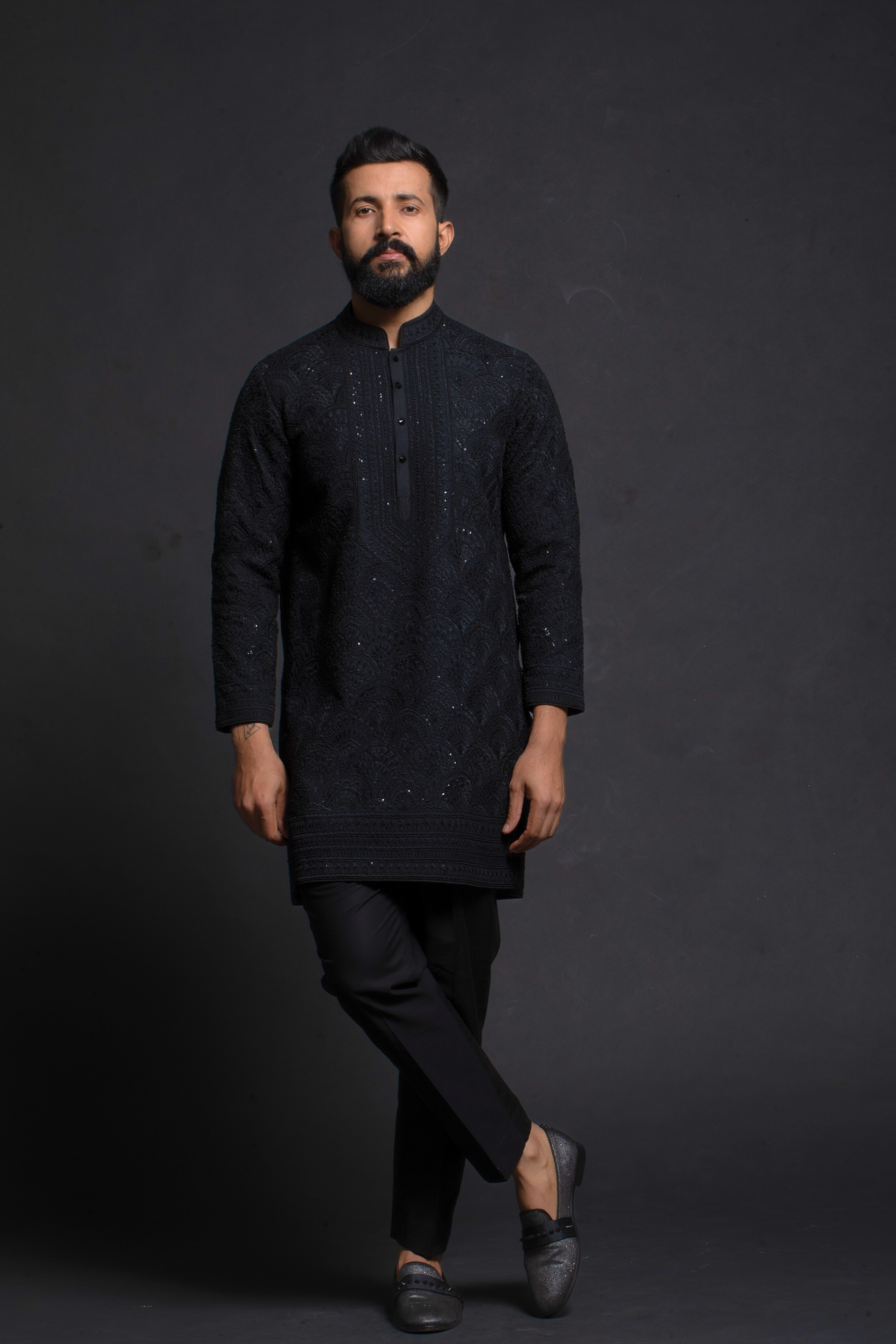 Black Textured Embroidered Kurta Set