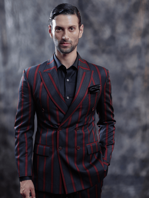 Black & Burgundy Striped Suit - Achin Bindlish
