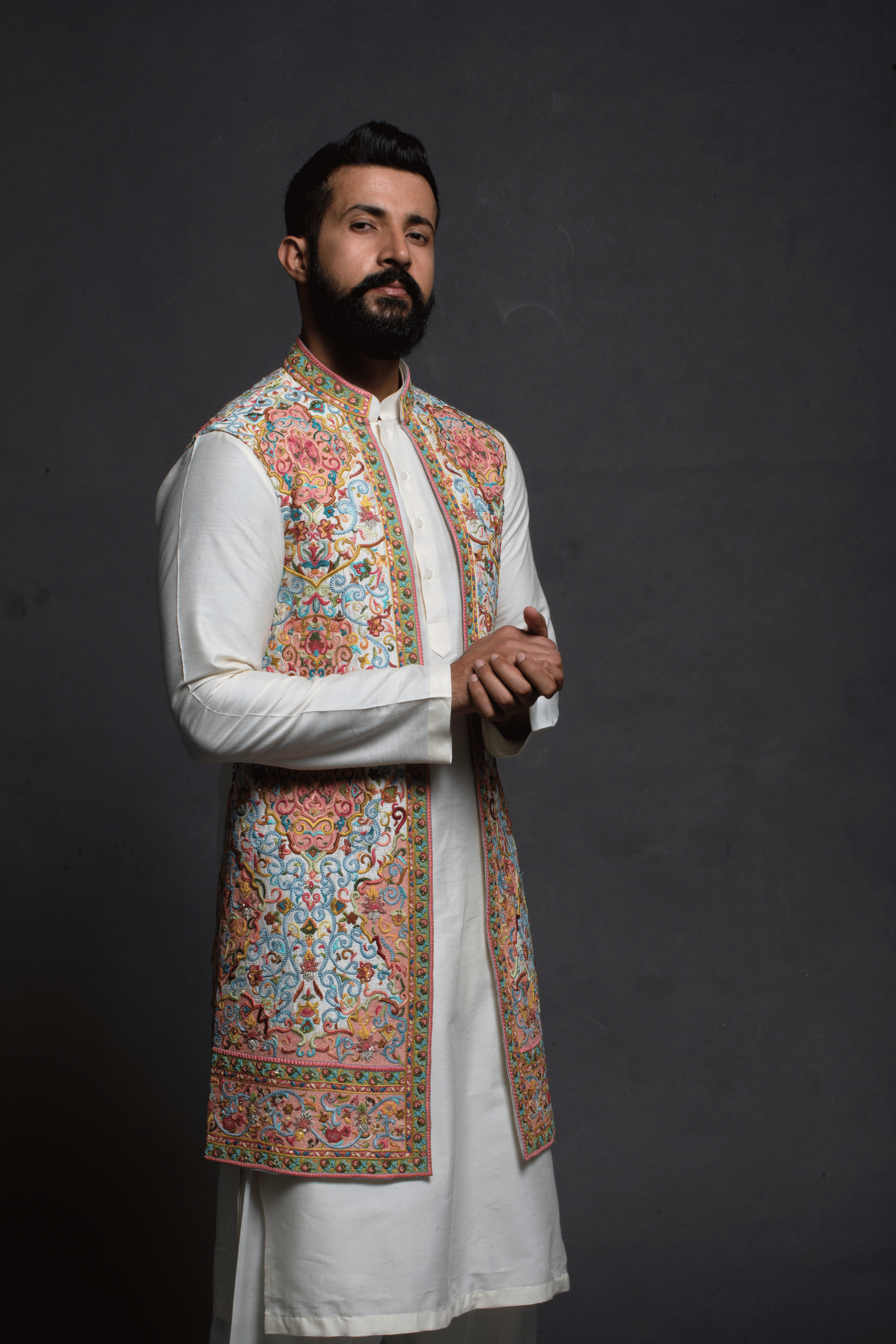 Vibrant Floral Embroidered Long JJ with Silk Kurta