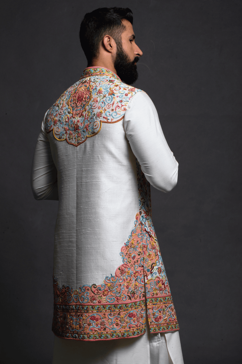 Vibrant Floral Embroidered Long JJ with Silk Kurta – Achin Bindlish – view 6