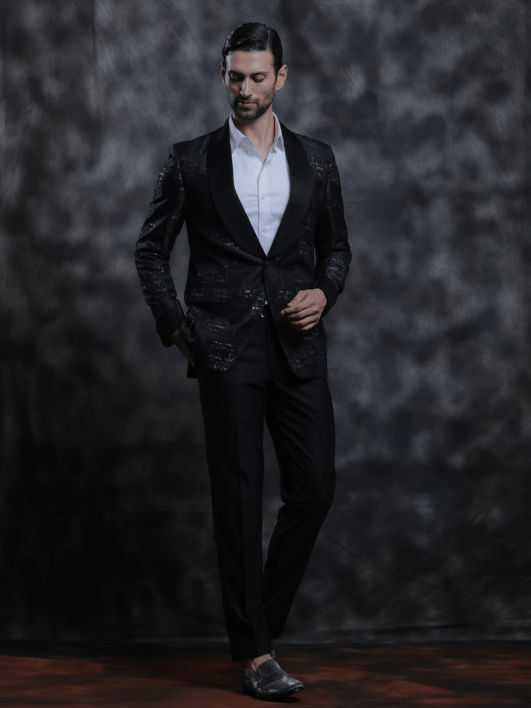 Black Satin Lapel Tuxedo - Achin Bindlish