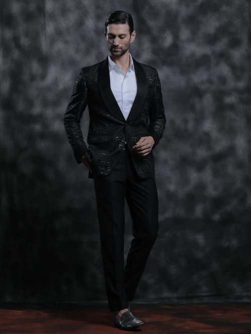 Black Satin Lapel Tuxedo - Achin Bindlish