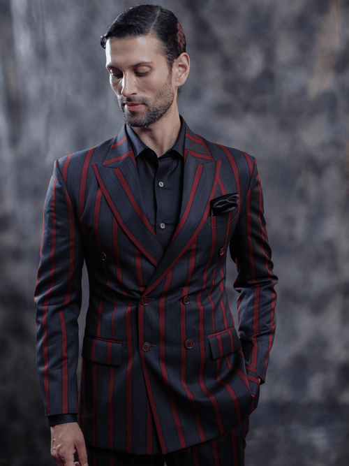 Black & Burgundy Striped Suit - Achin Bindlish