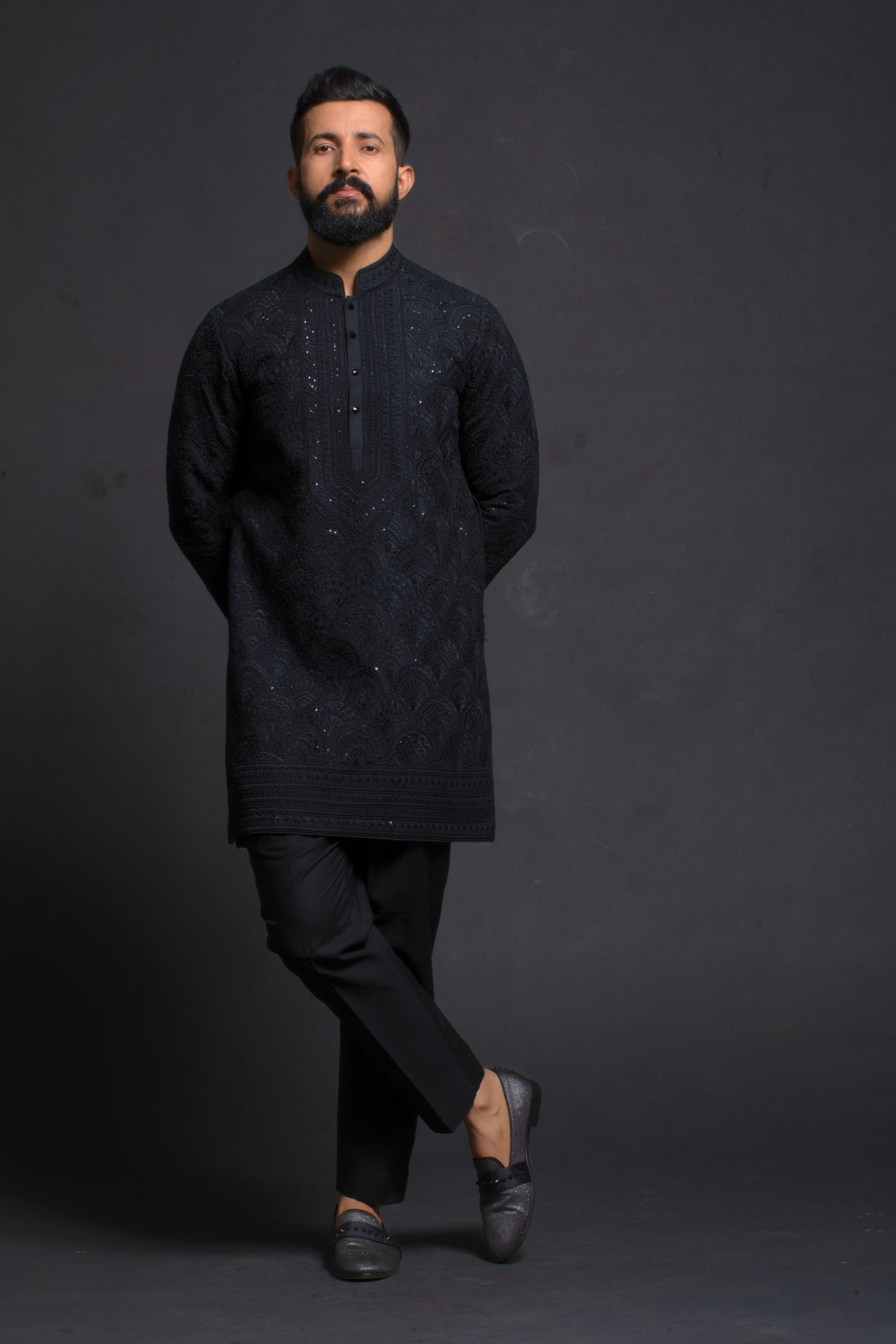 Black Textured Embroidered Kurta Set