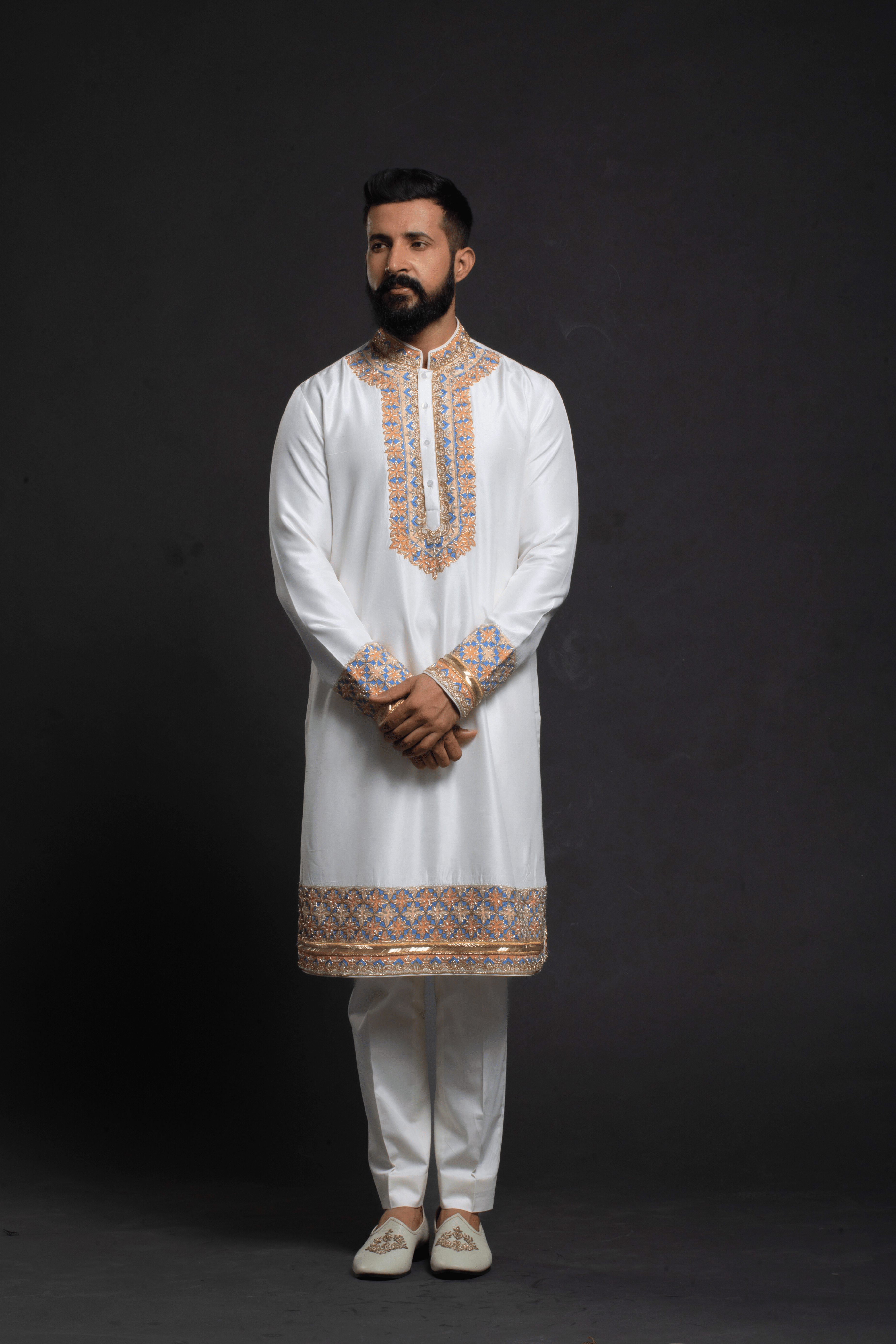 Minimalist White Silk Kurta with Blue Geometric Embroidery