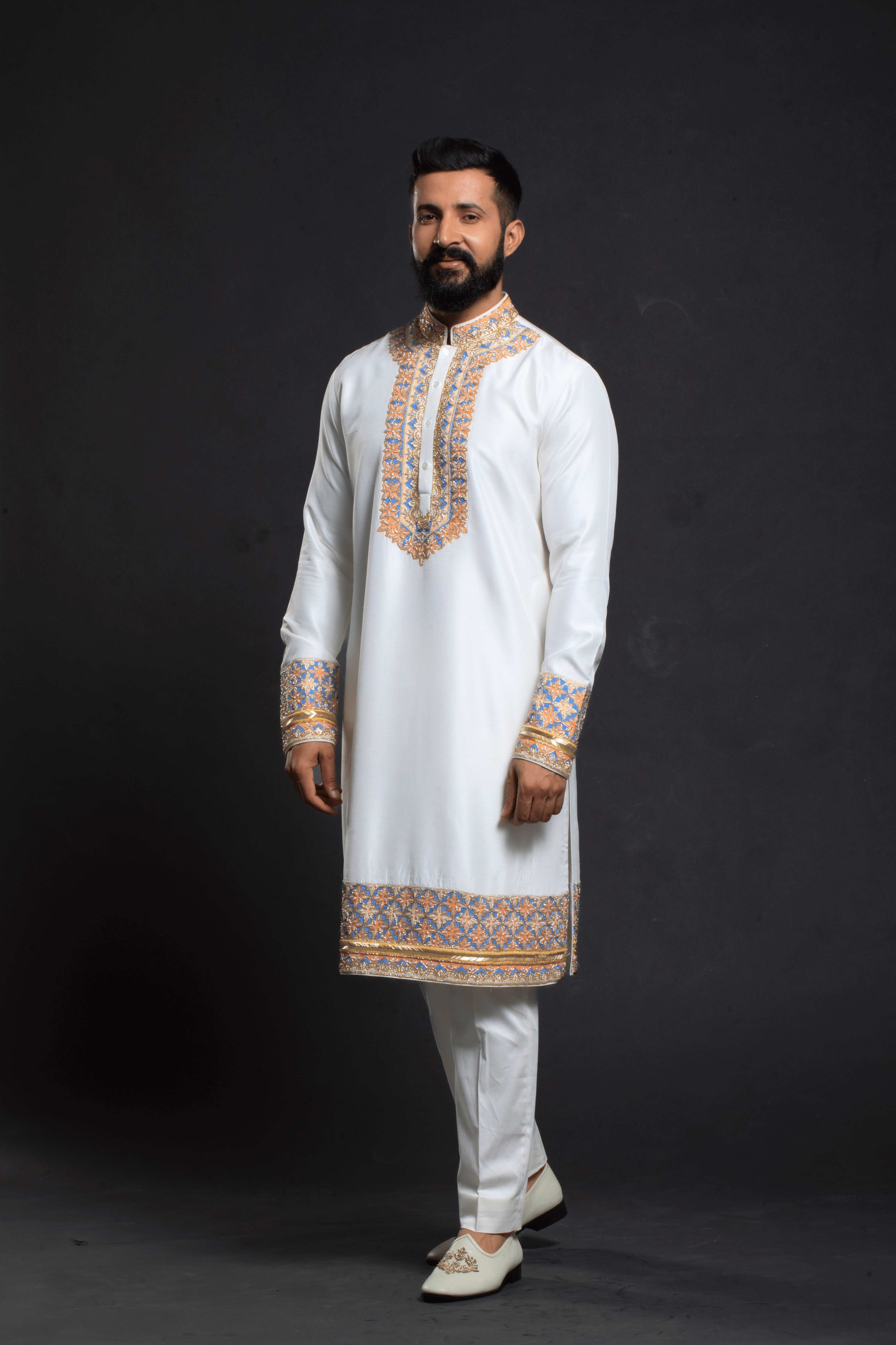 Minimalist White Silk Kurta with Blue Geometric Embroidery