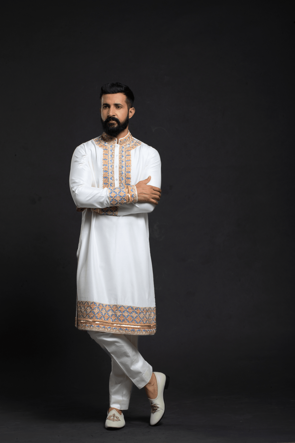 Minimalist White Silk Kurta with Blue Geometric Embroidery