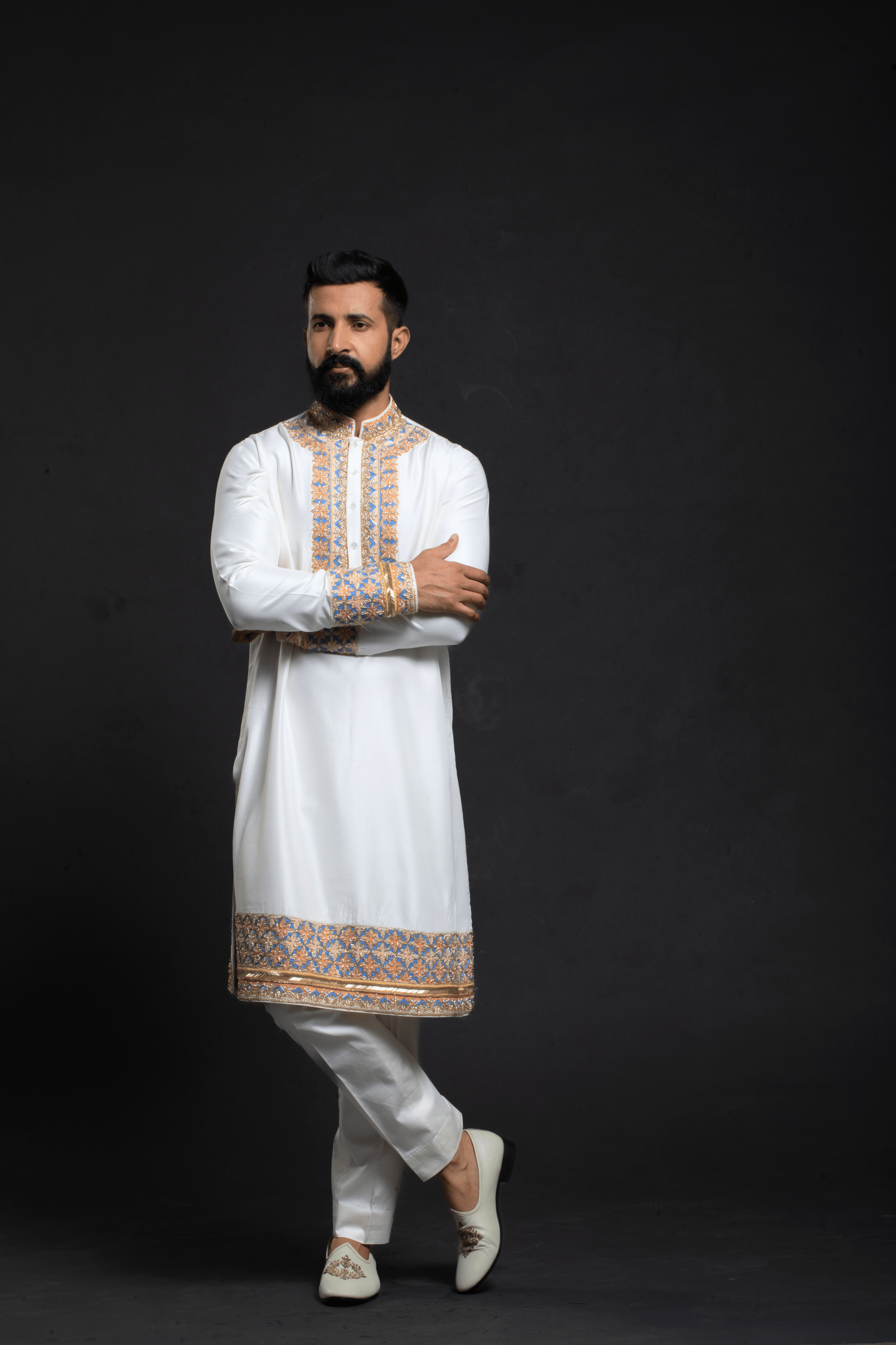 Minimalist White Silk Kurta with Blue Geometric Embroidery