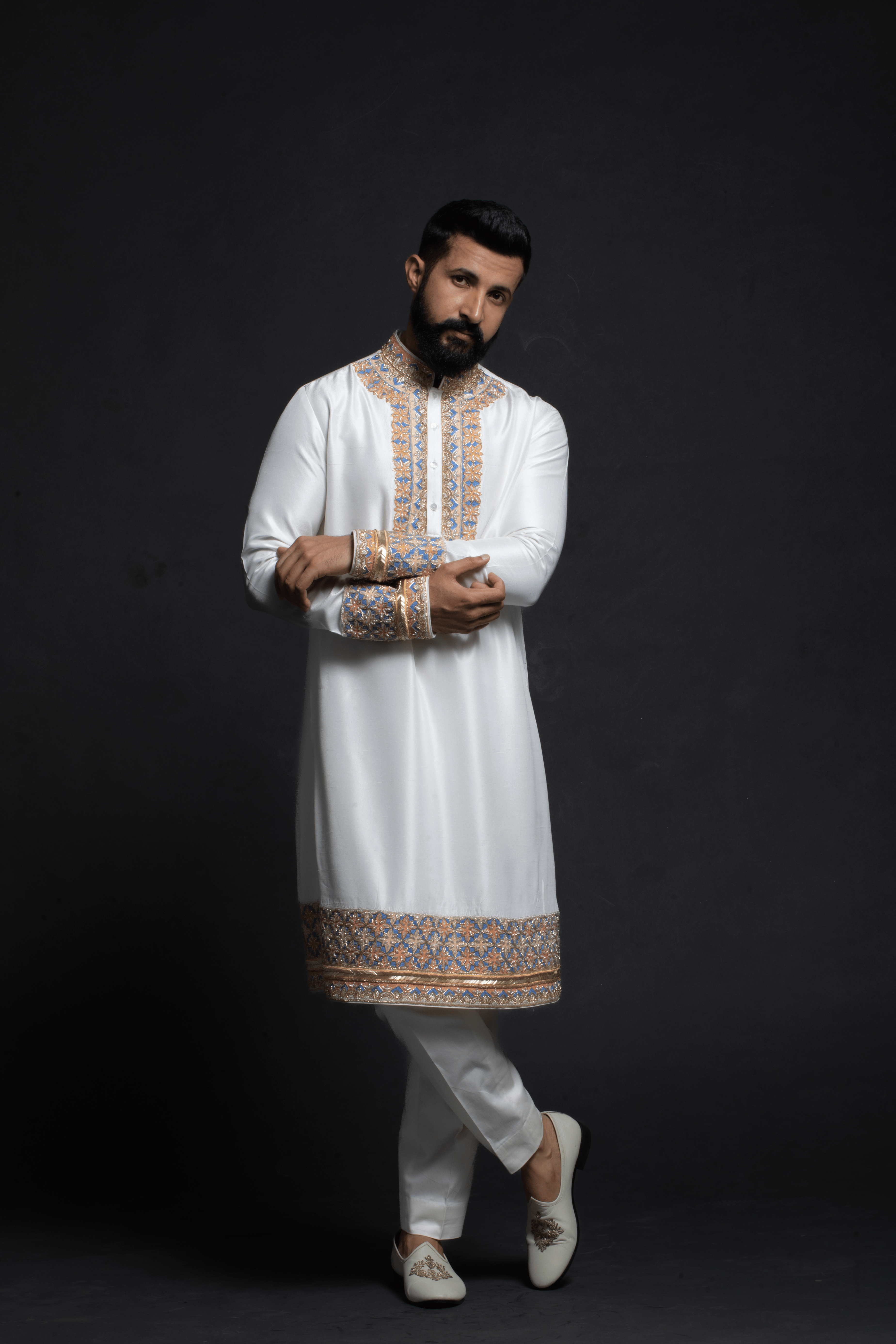Minimalist White Silk Kurta with Blue Geometric Embroidery