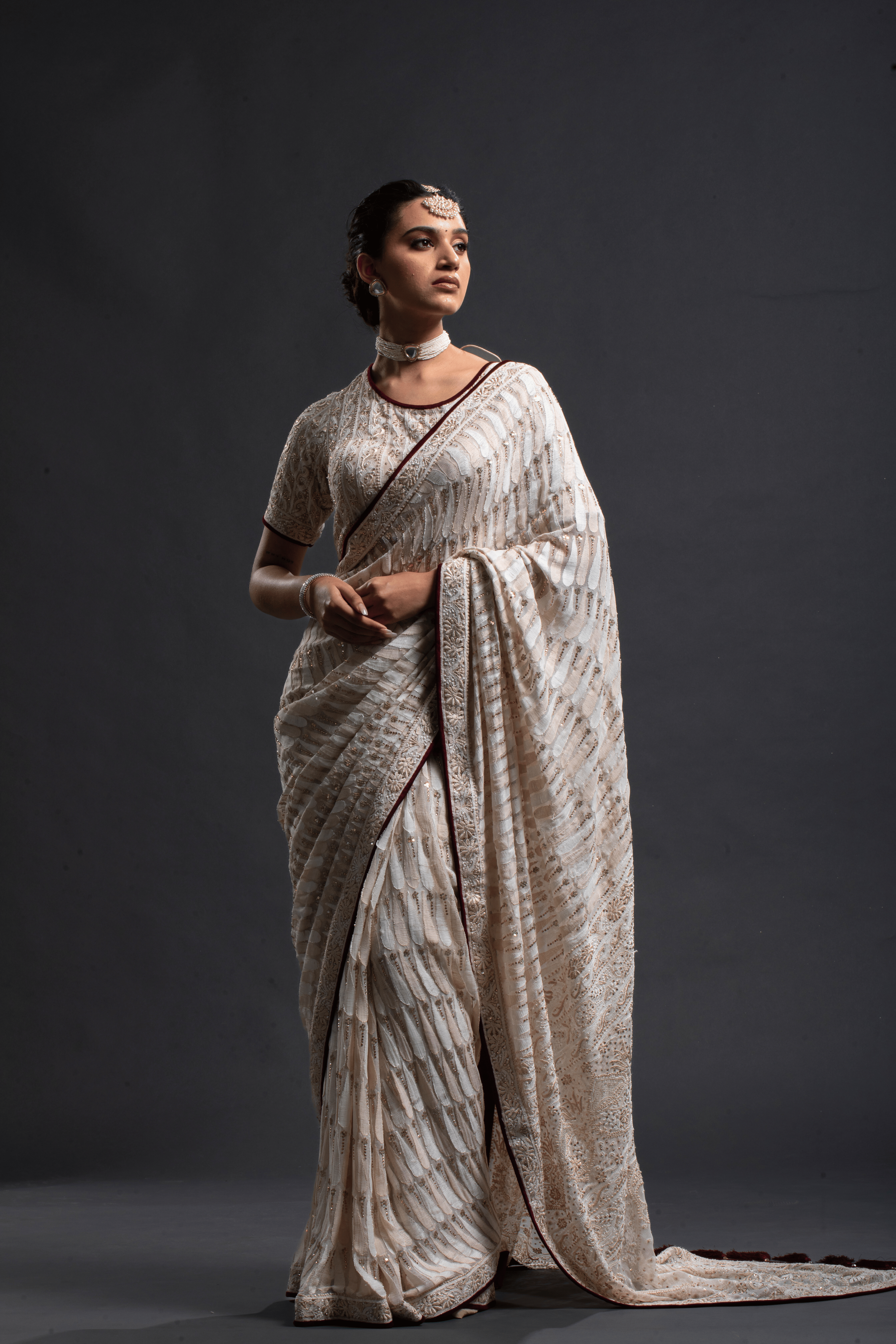 Ivory White Sequin Embroidered Saree