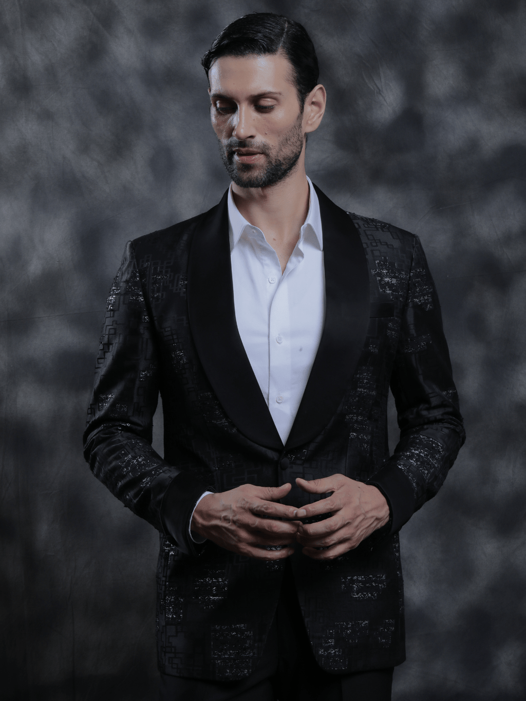 Black Satin Lapel Tuxedo - Achin Bindlish