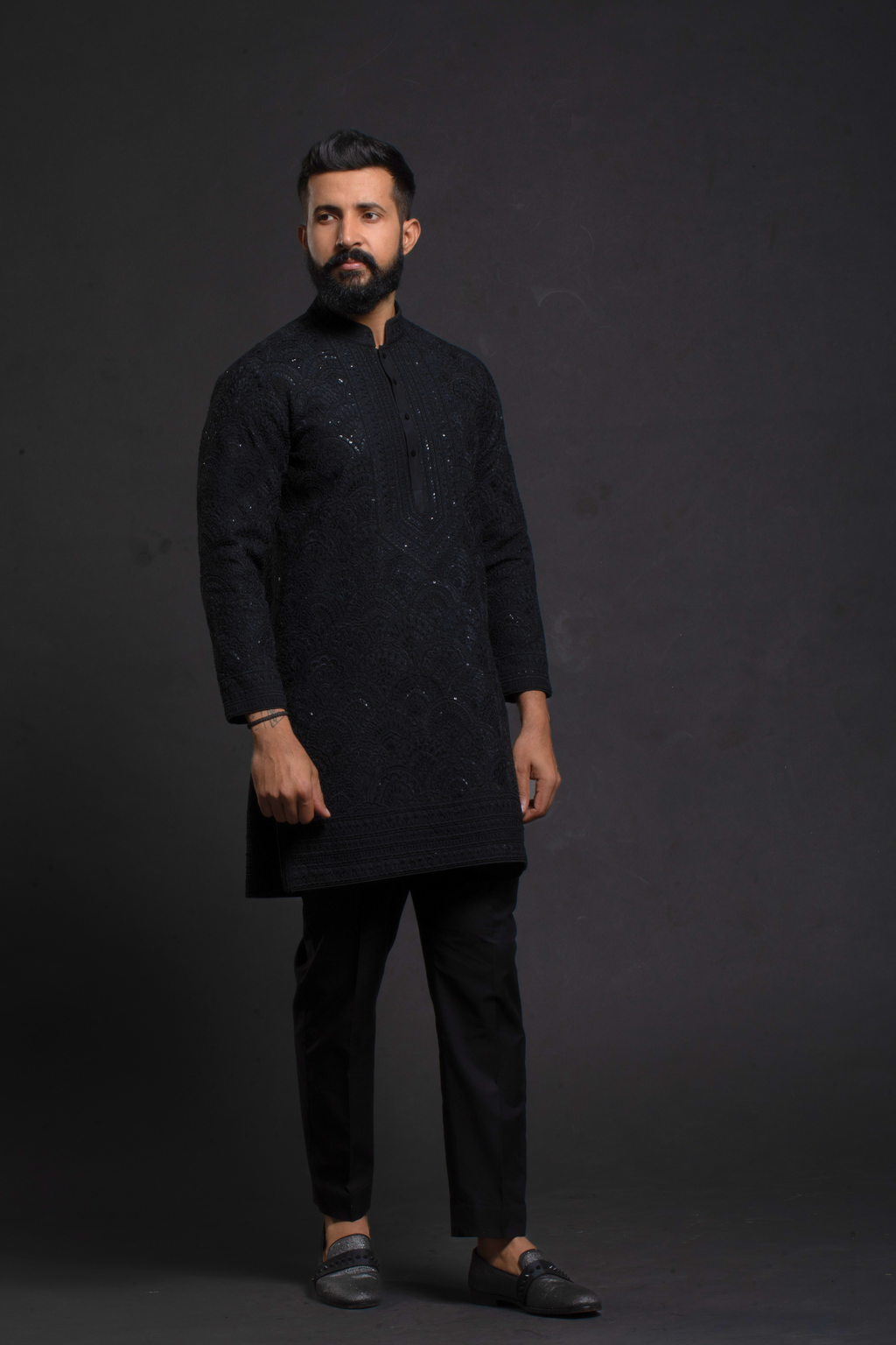 Black Textured Embroidered Kurta Set