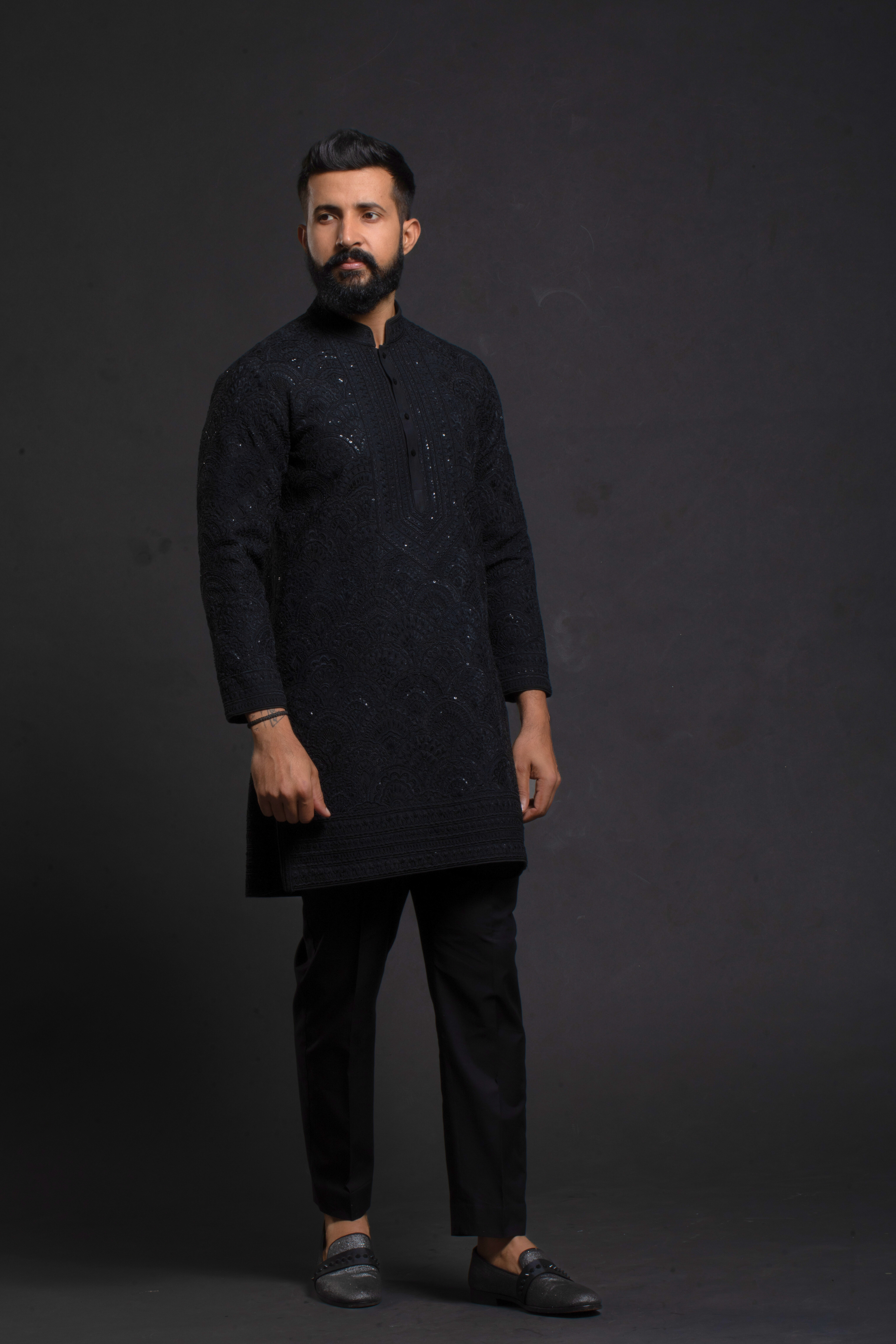 Black Textured Embroidered Kurta Set
