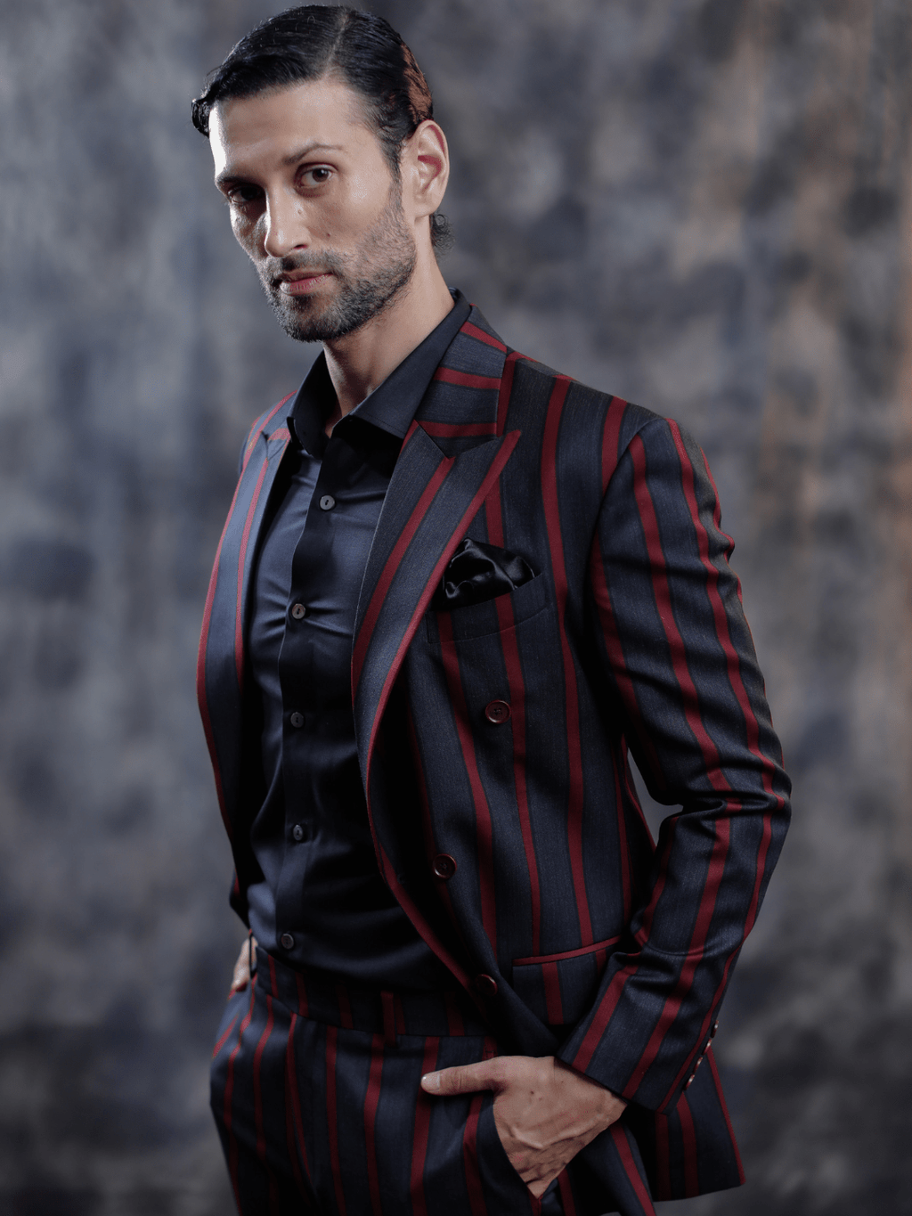 Black & Burgundy Striped Suit - Achin Bindlish
