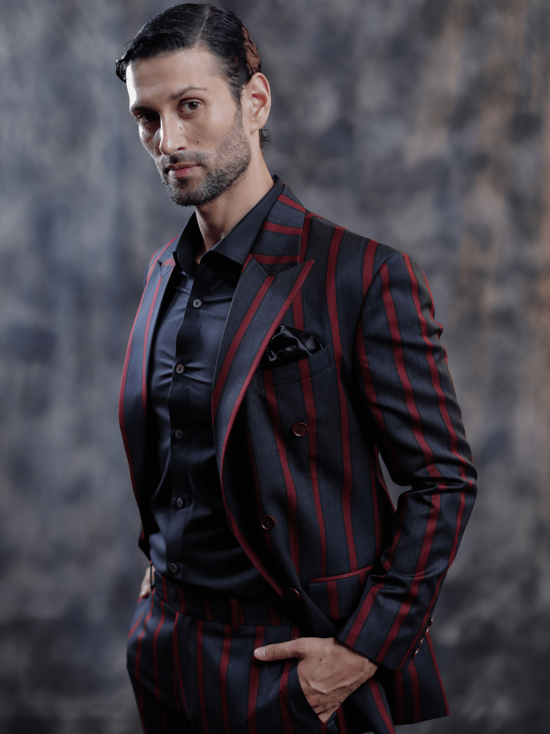 Black & Burgundy Striped Suit - Achin Bindlish