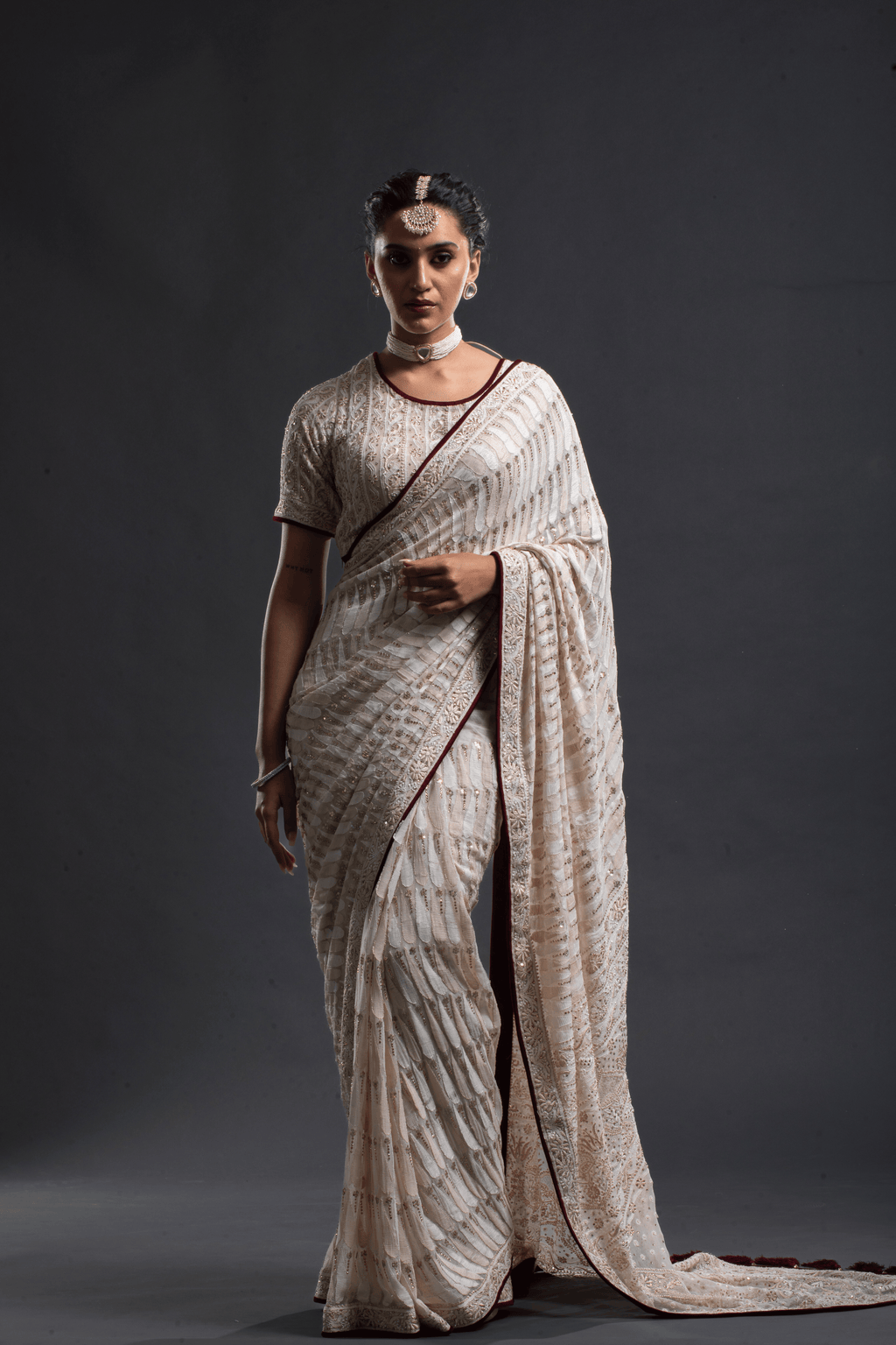 Ivory White Sequin Embroidered Saree