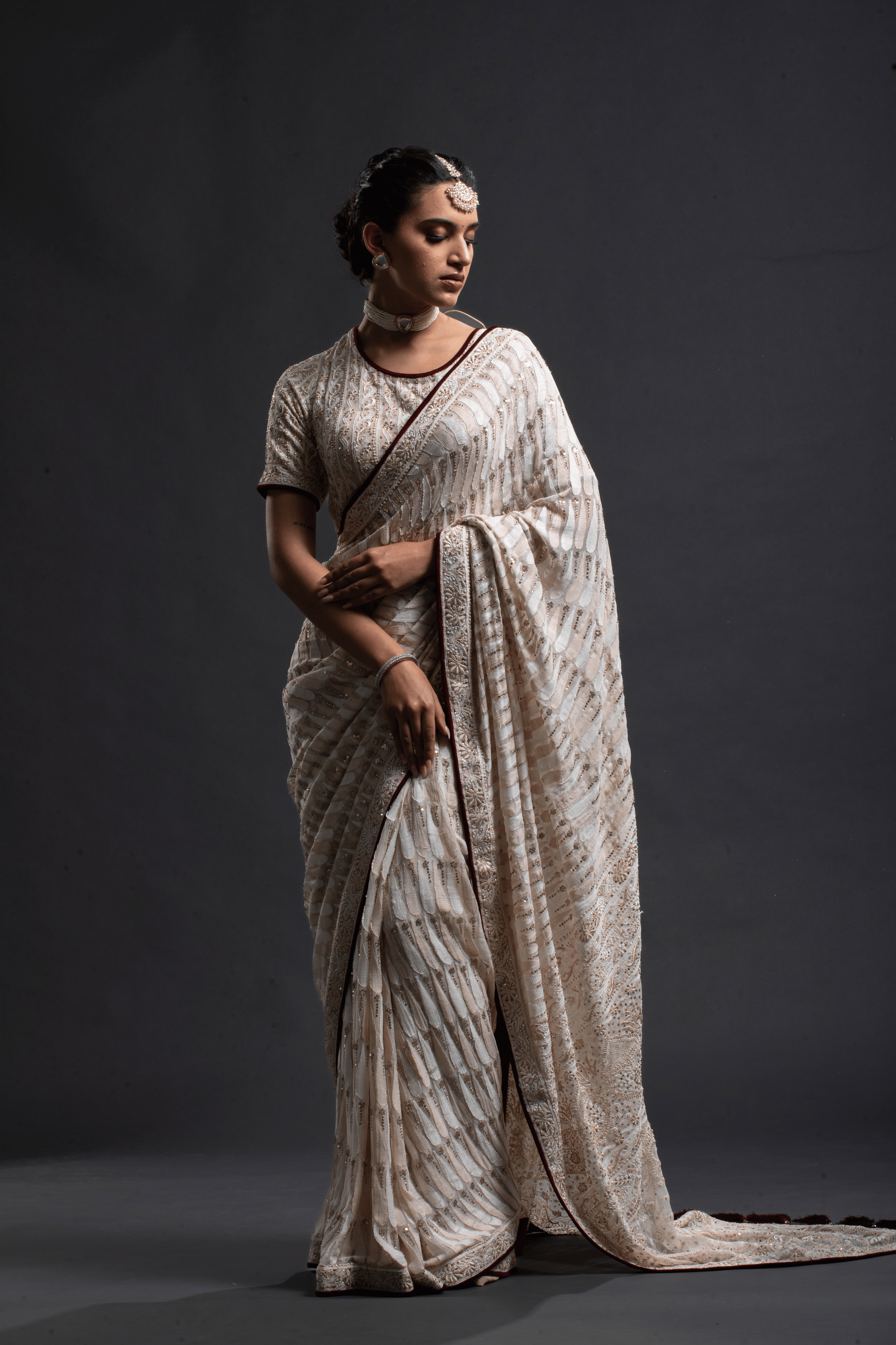Ivory White Sequin Embroidered Saree