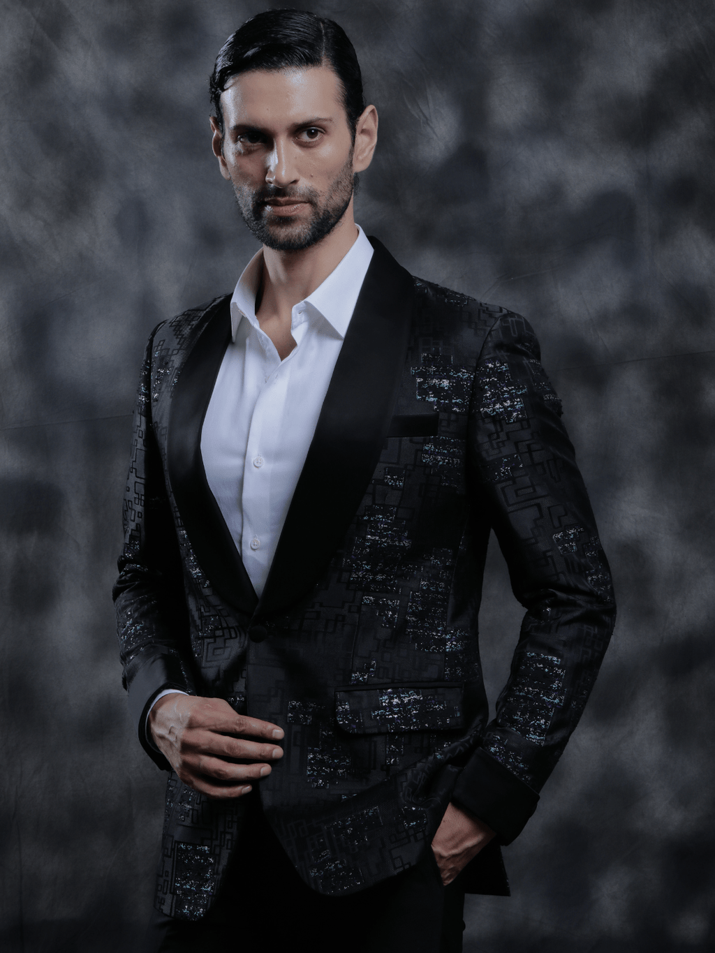 Black Satin Lapel Tuxedo - Achin Bindlish