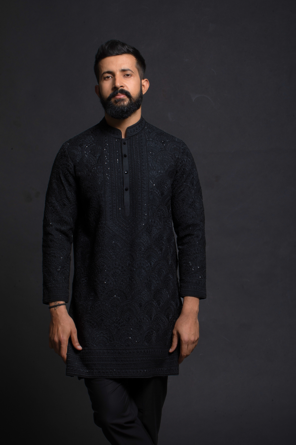 Black Textured Embroidered Kurta Set
