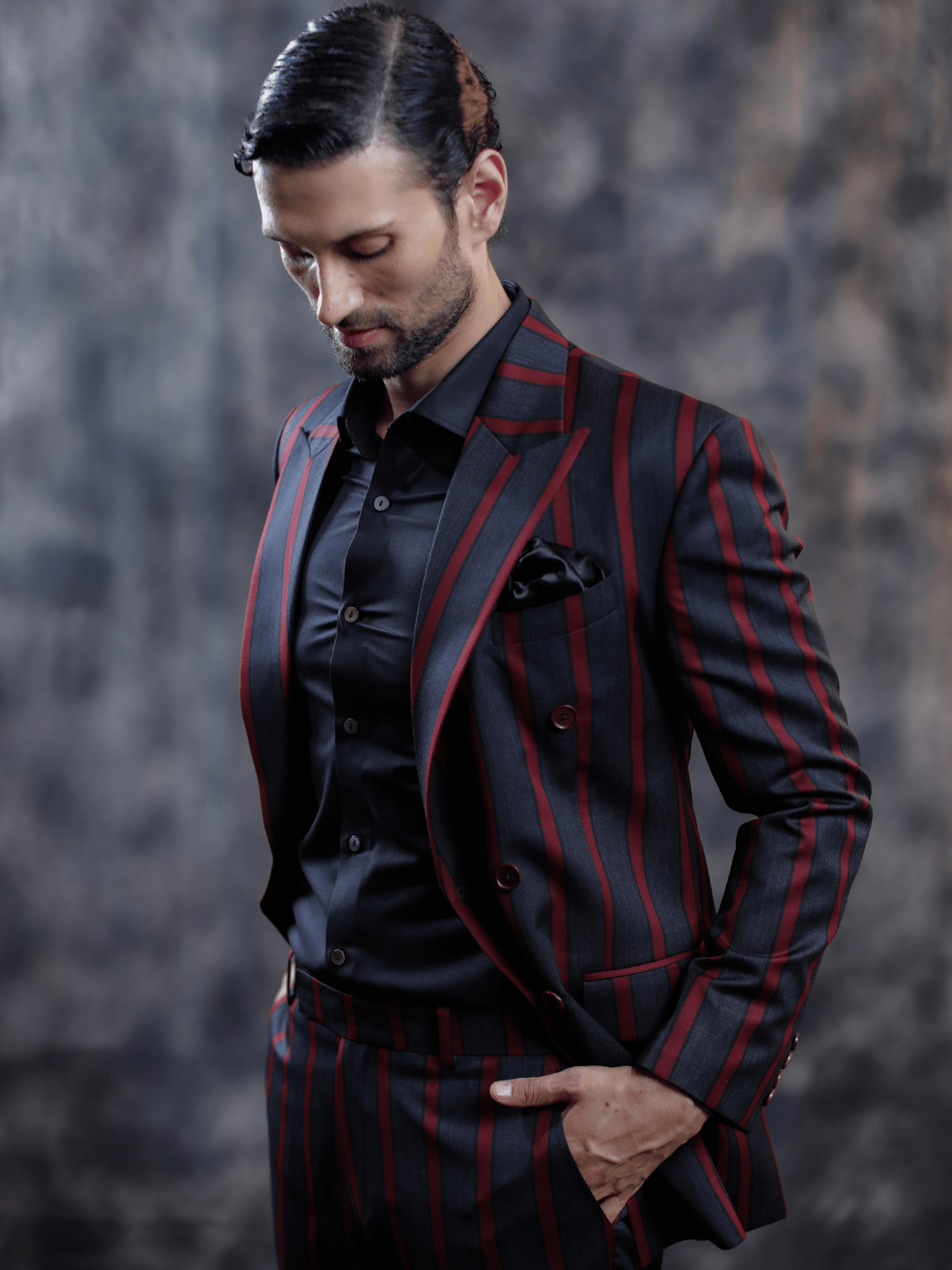 Black & Burgundy Striped Suit - Achin Bindlish