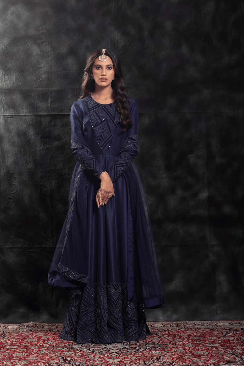 Midnight Blue Geometric Embroidered Anarkali Gown – Achin Bindlish