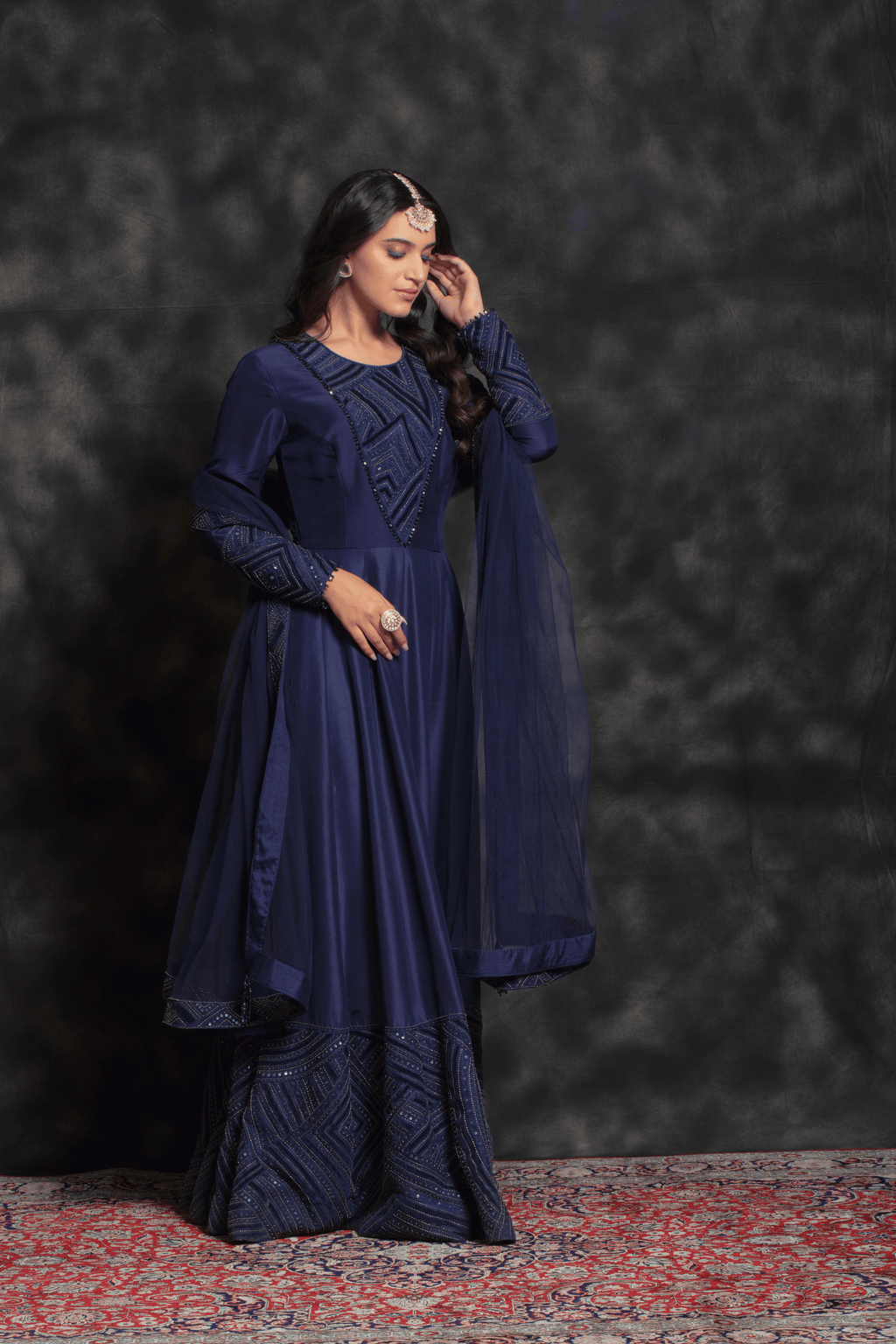 Midnight Blue Geometric Embroidered Anarkali Gown