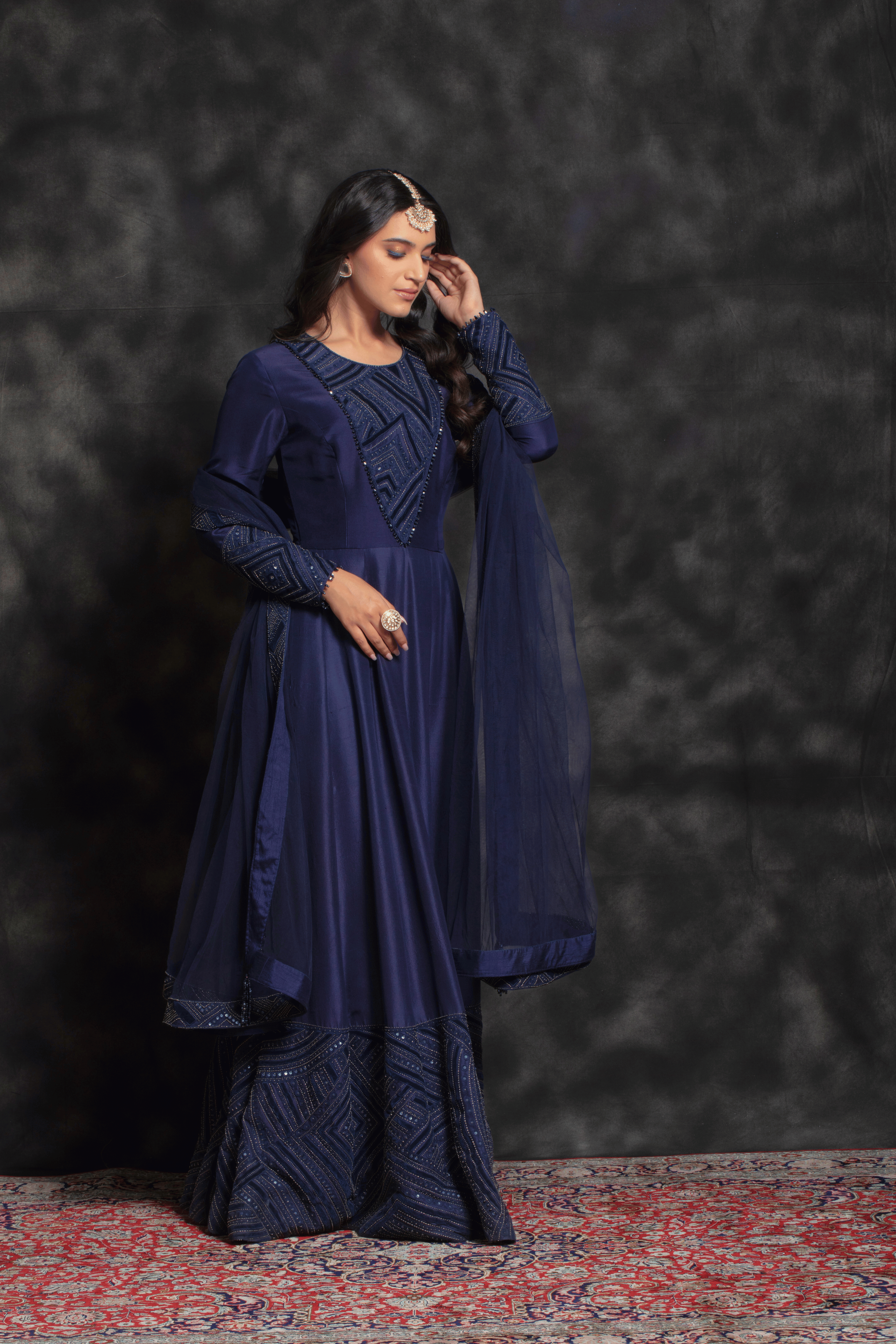 Midnight Blue Geometric Embroidered Anarkali Gown