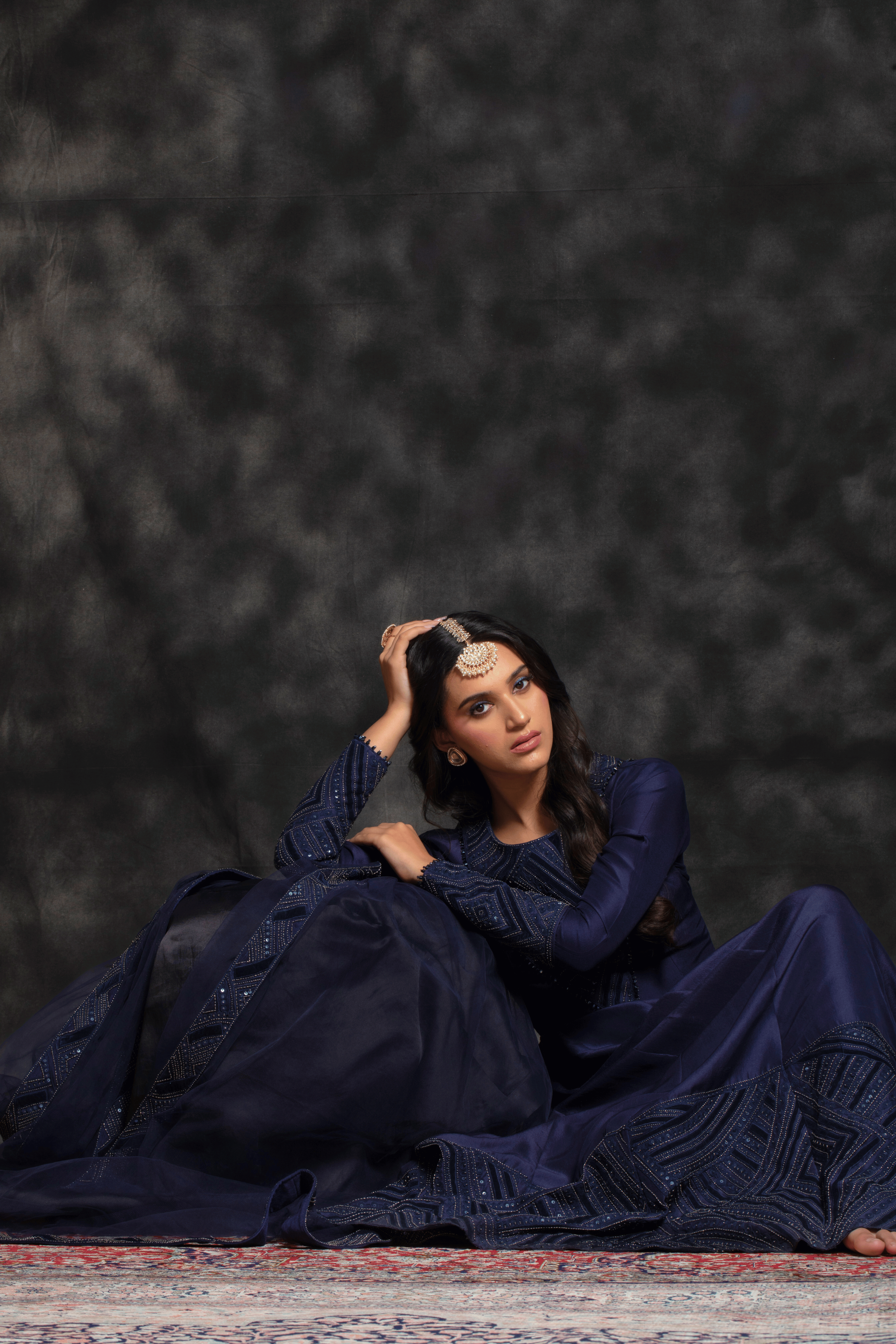 Midnight Blue Geometric Embroidered Anarkali Gown