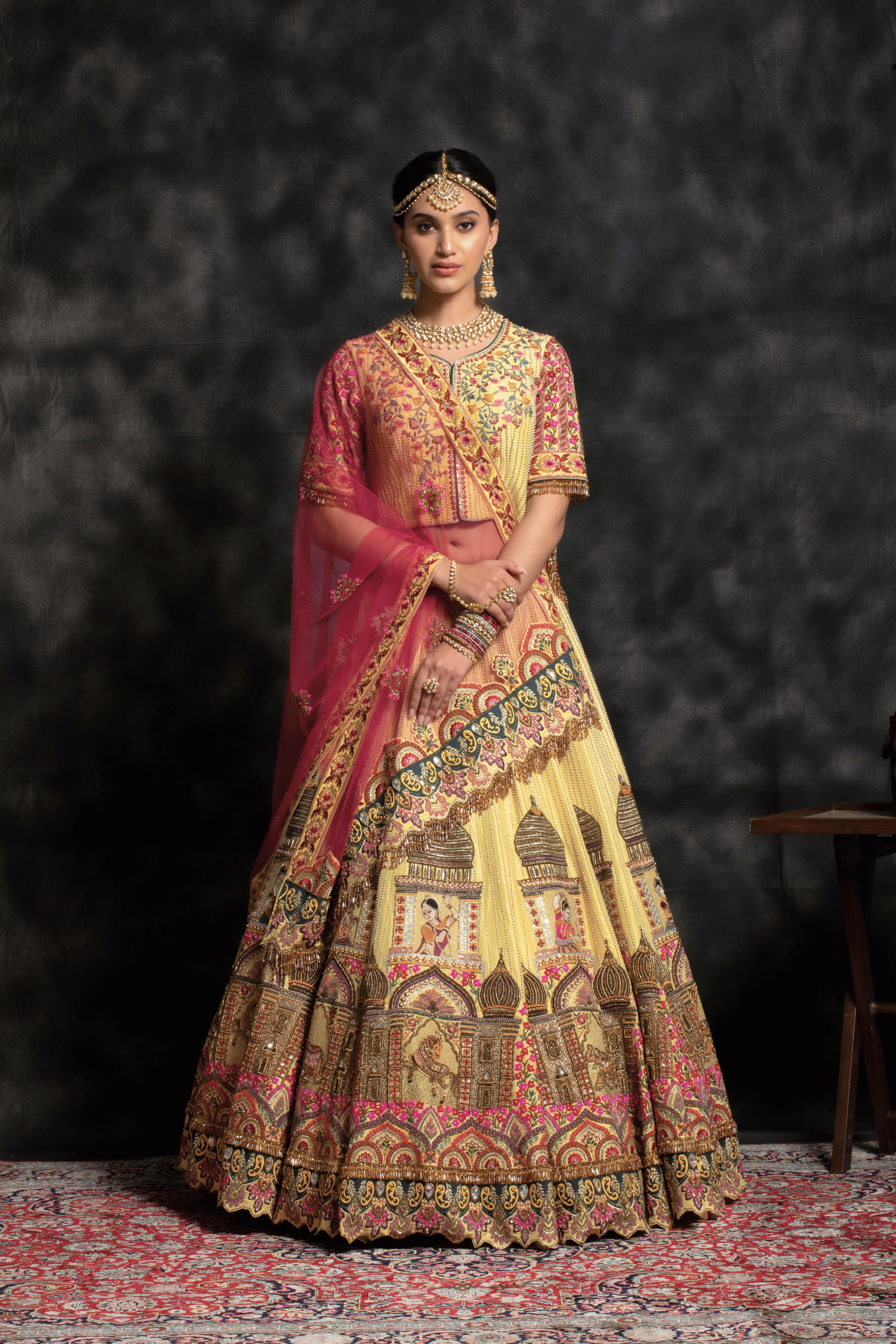 Royal Mustard Yellow & Pink Jharokha Bridal Lehenga
