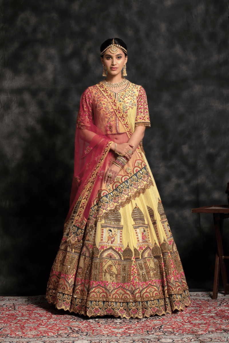 Royal Mustard Yellow & Pink Jharokha Bridal Lehenga – Achin Bindlish