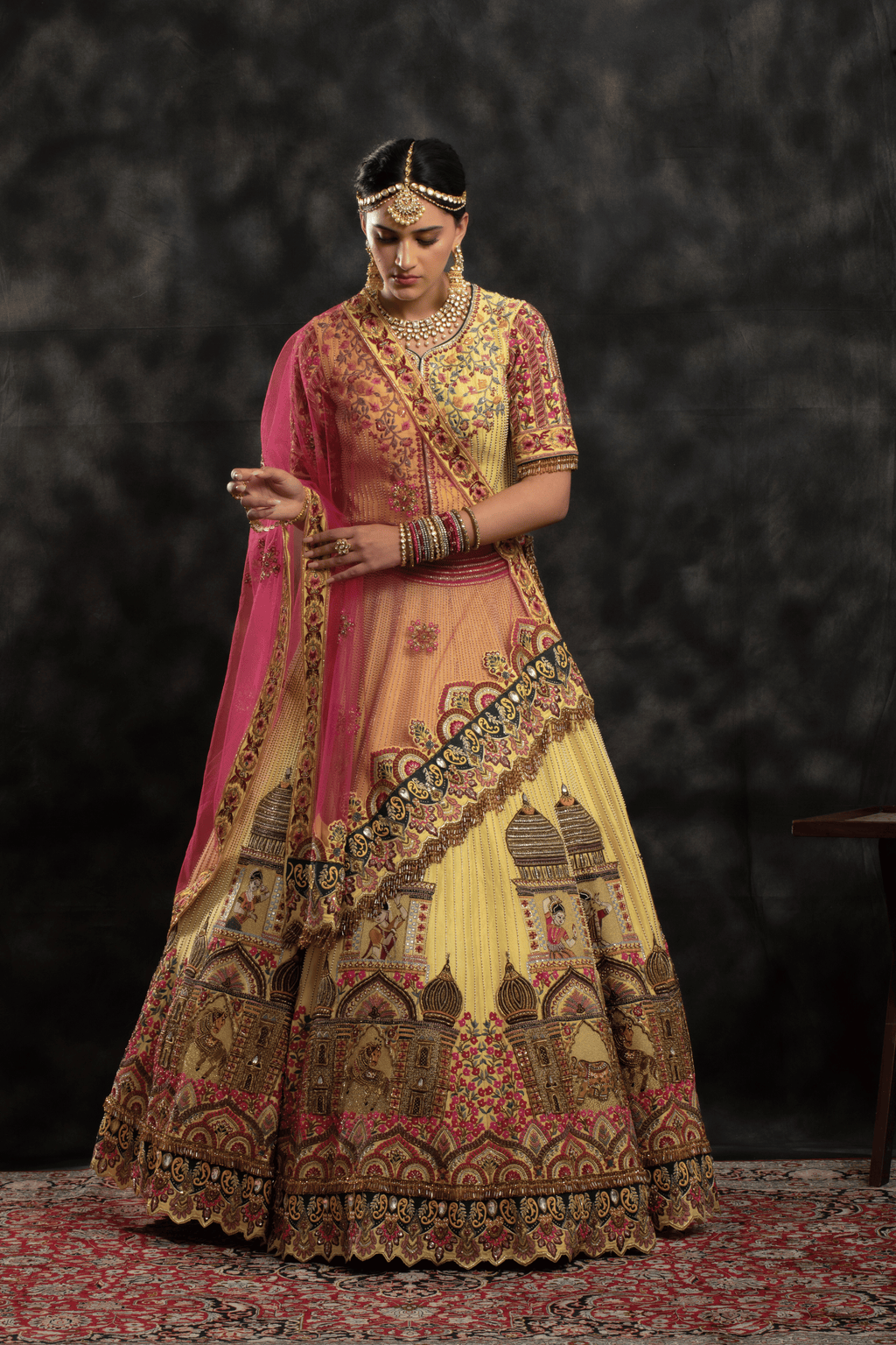 Royal Mustard Yellow & Pink Jharokha Bridal Lehenga
