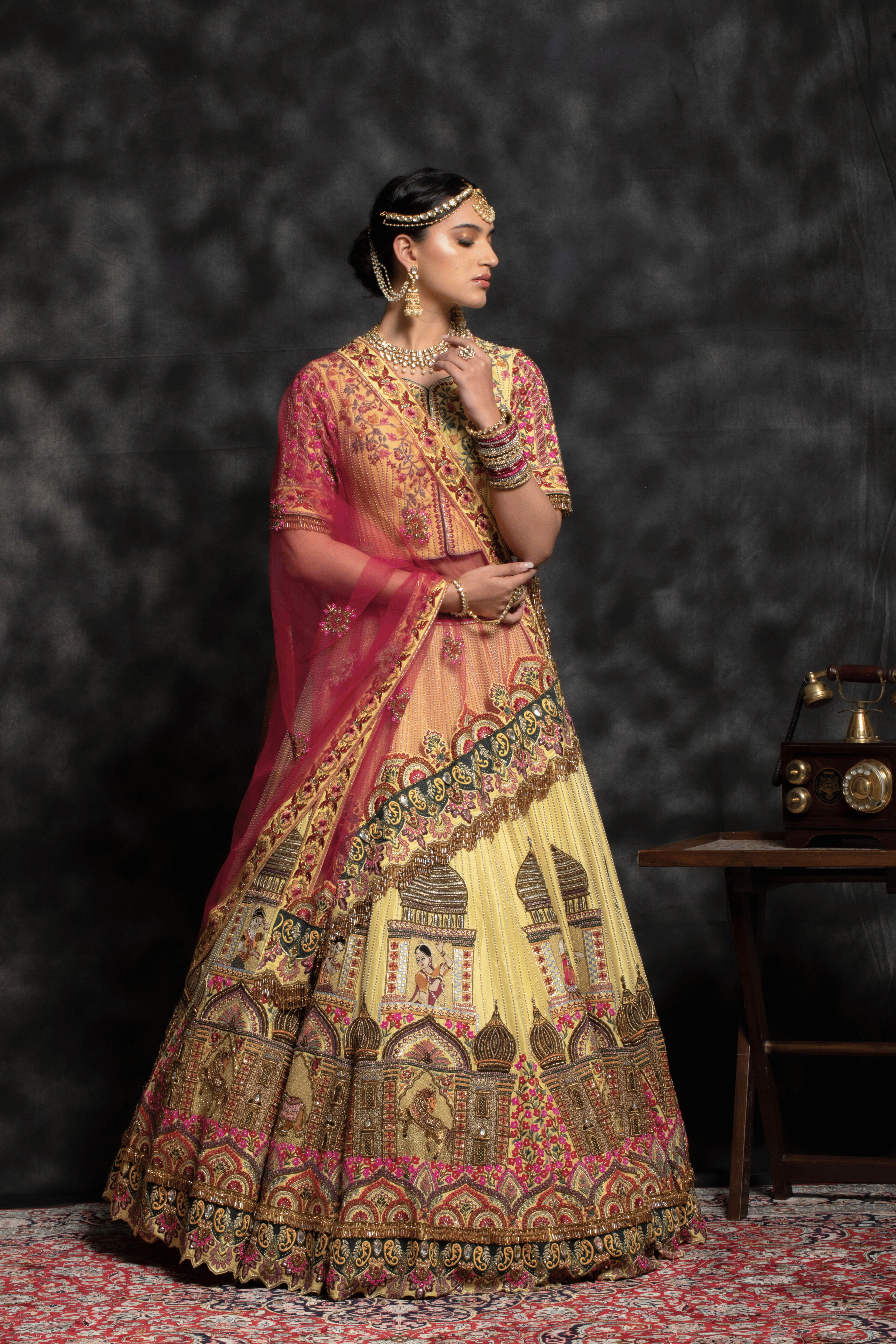 Royal Mustard Yellow & Pink Jharokha Bridal Lehenga
