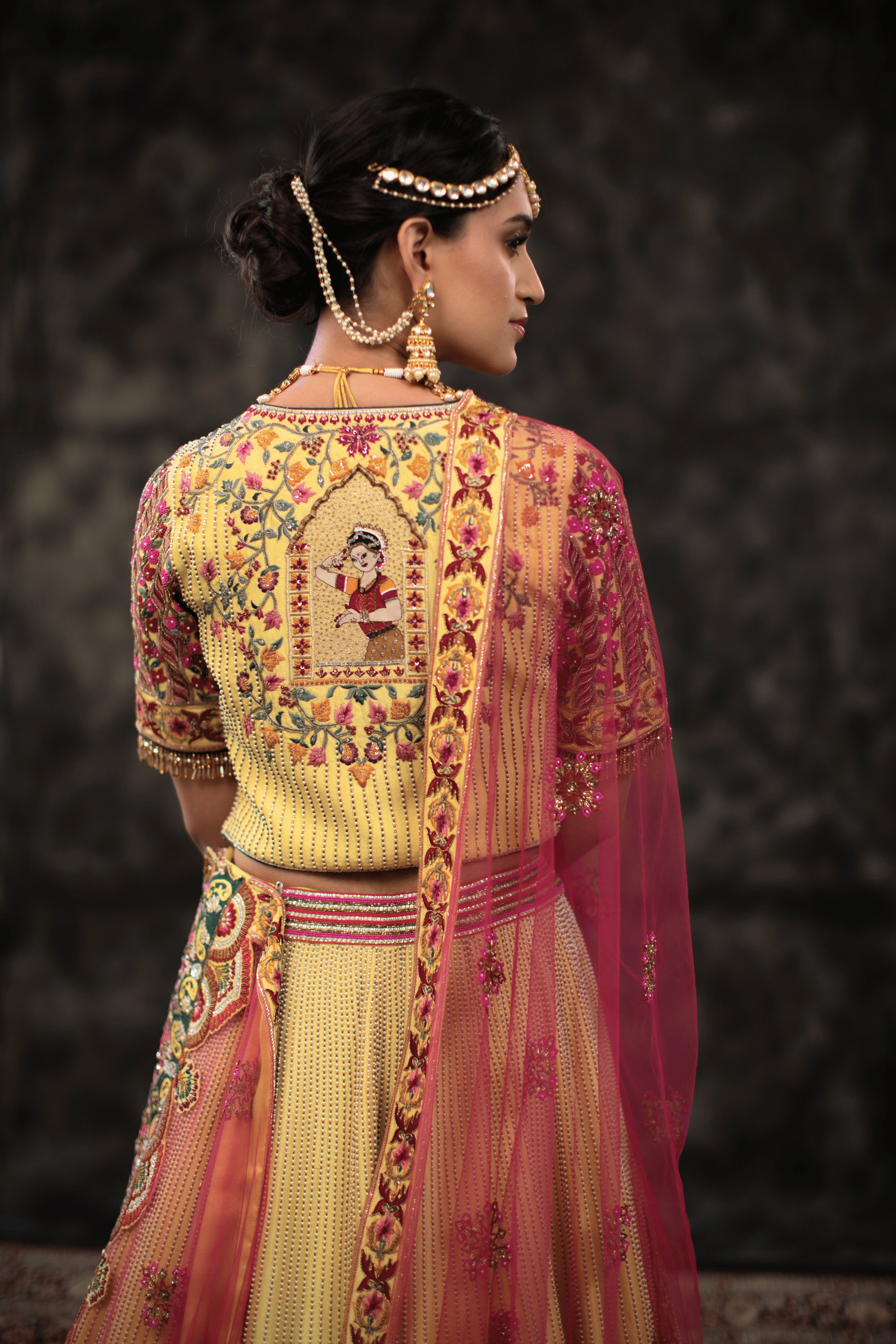 Royal Mustard Yellow & Pink Jharokha Bridal Lehenga